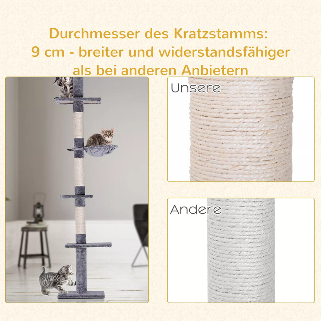 Kaķu māja līdz griestiem, regulējams augstums, stabils kaķu koks ar sizala stabiem, kaķu kāpšanas koks, pelēks, 40 x 34 x 230-260 cm
