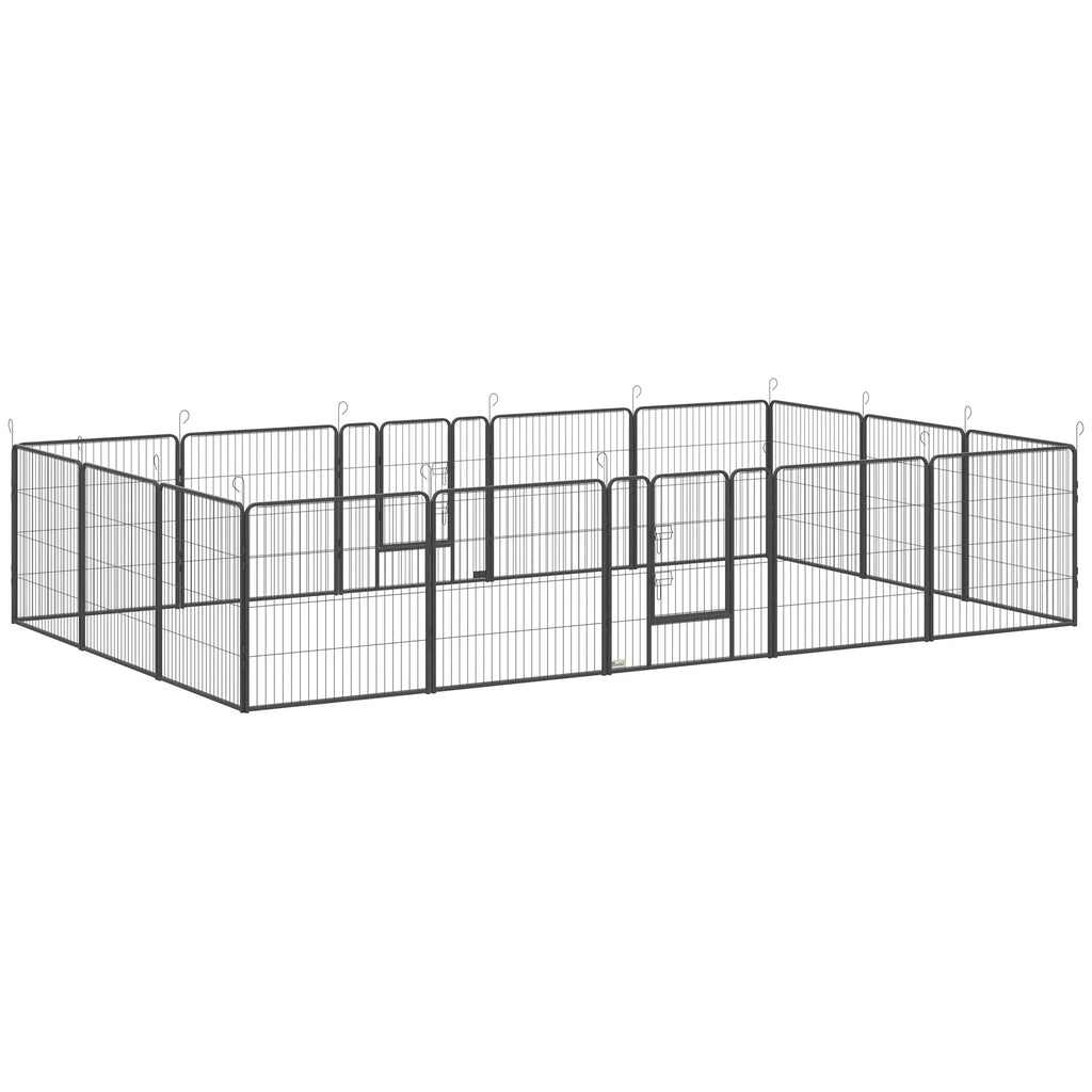 Šuniukų aptvaras, 16 dalių sulankstomas su durelėmis, metalas, 3,2x3,2x0,8 m, pilkas