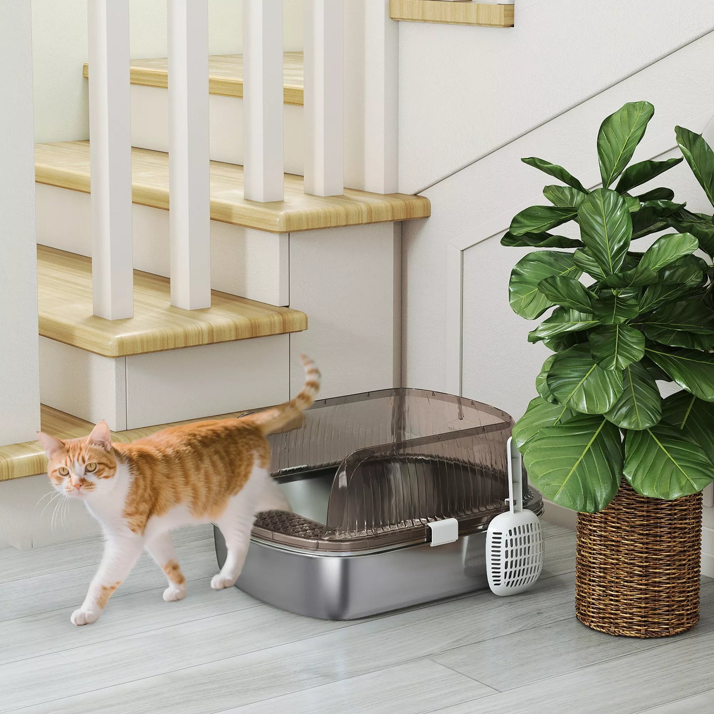 Nerūdijančio plieno tualetas didelėms katėms, vonelė su aukštu kraštu ir samteliu, plienas, 53 x 42 x 27 cm, anglies pilka