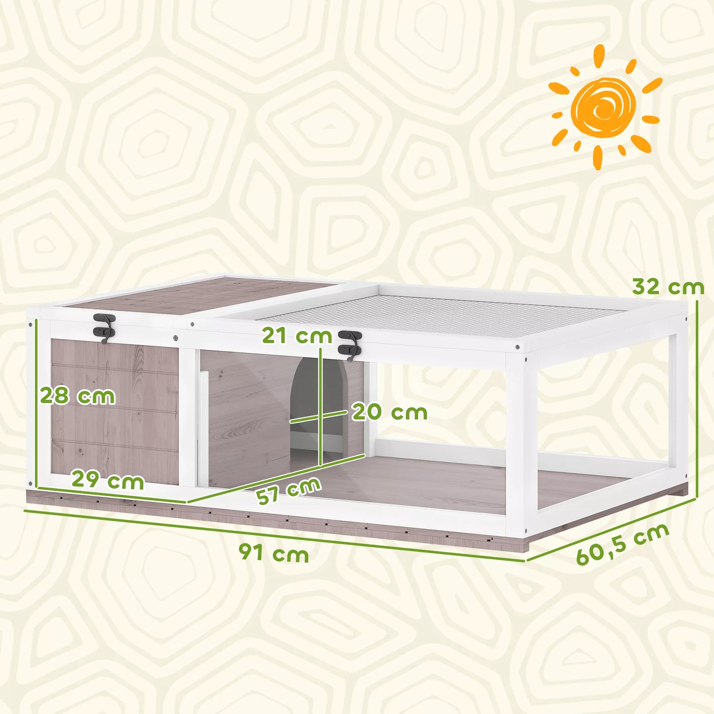 Medinis vėžlių namelis, vėžlių aptvaras su pagrindiniais skyriais, atidaromas viršus, 91x60,5x32 cm, rudas