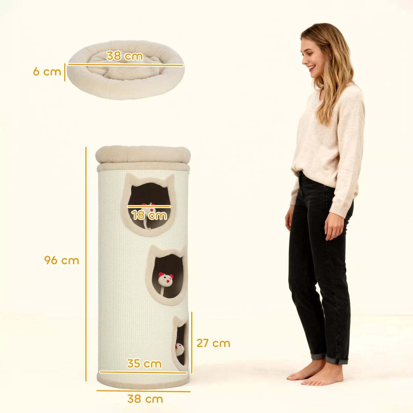 Katilinės draskyklė, 96 cm, 4 lygių katės bokštas su skalbiamu guoliu, 3 miegamosios olos, kabantys žaislai, daugeliui kačių, pilka