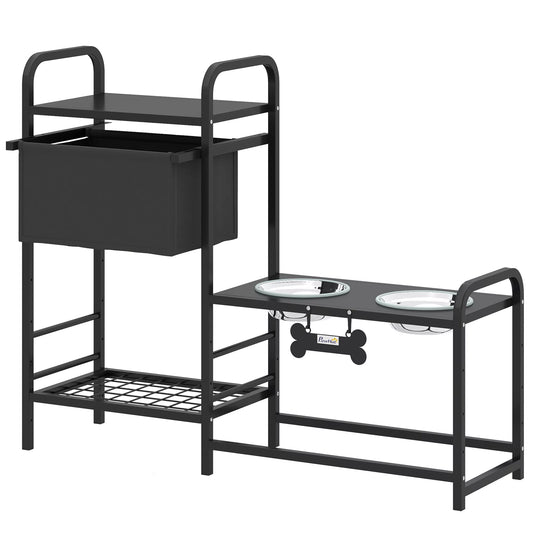 Reguliuojamo aukščio paaukštintas šunų dubenėlių stovas su daiktų laikymo skyriumi, šėrykla su dviem dubenėliais, medis ir nerūdijantis plienas, 89,5 x 27 x 74 cm, juoda