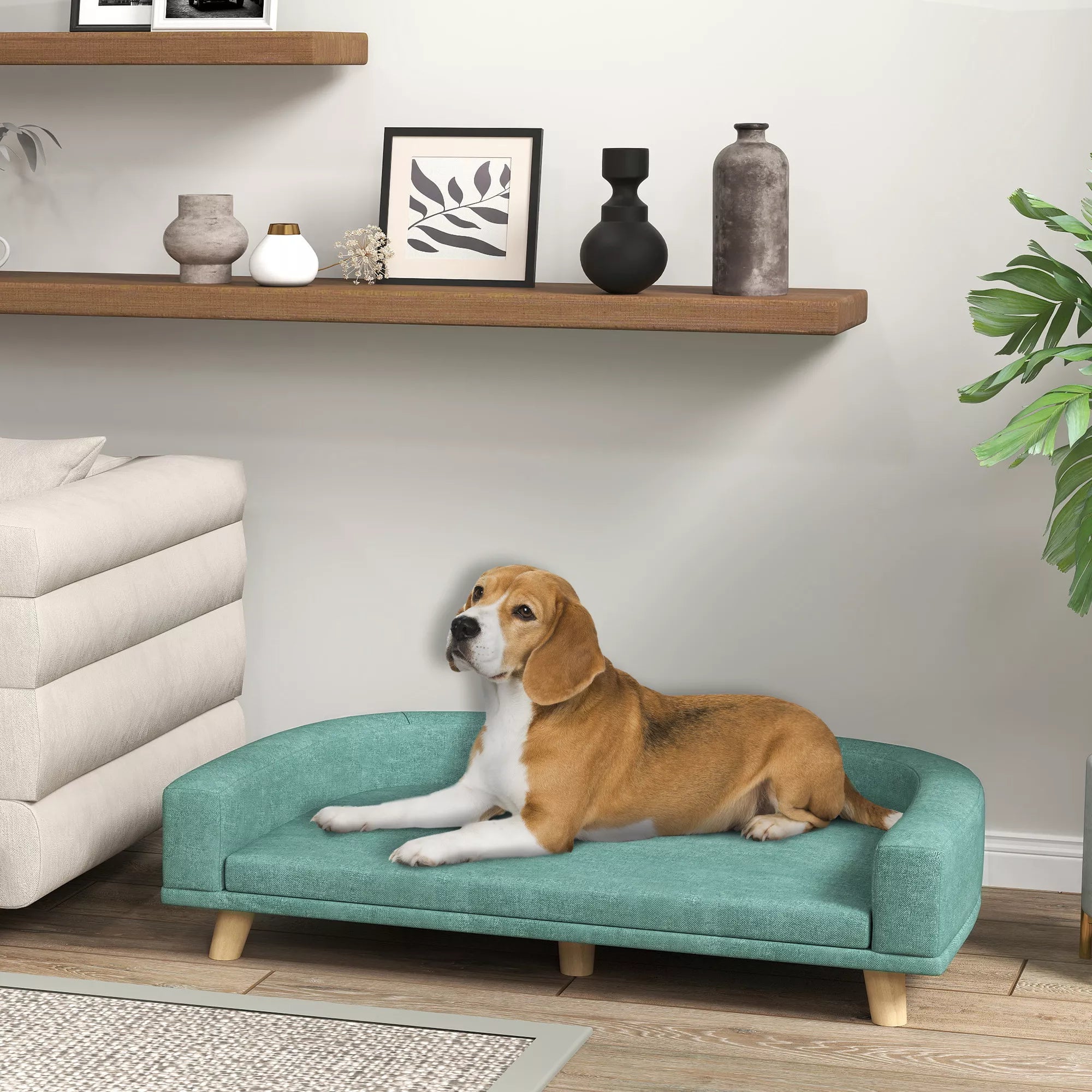 Šunų lova, šunų sofa, naminių gyvūnėlių sofa, Eukalipto mediena, 98 x 67 x 25 cm, Žalia