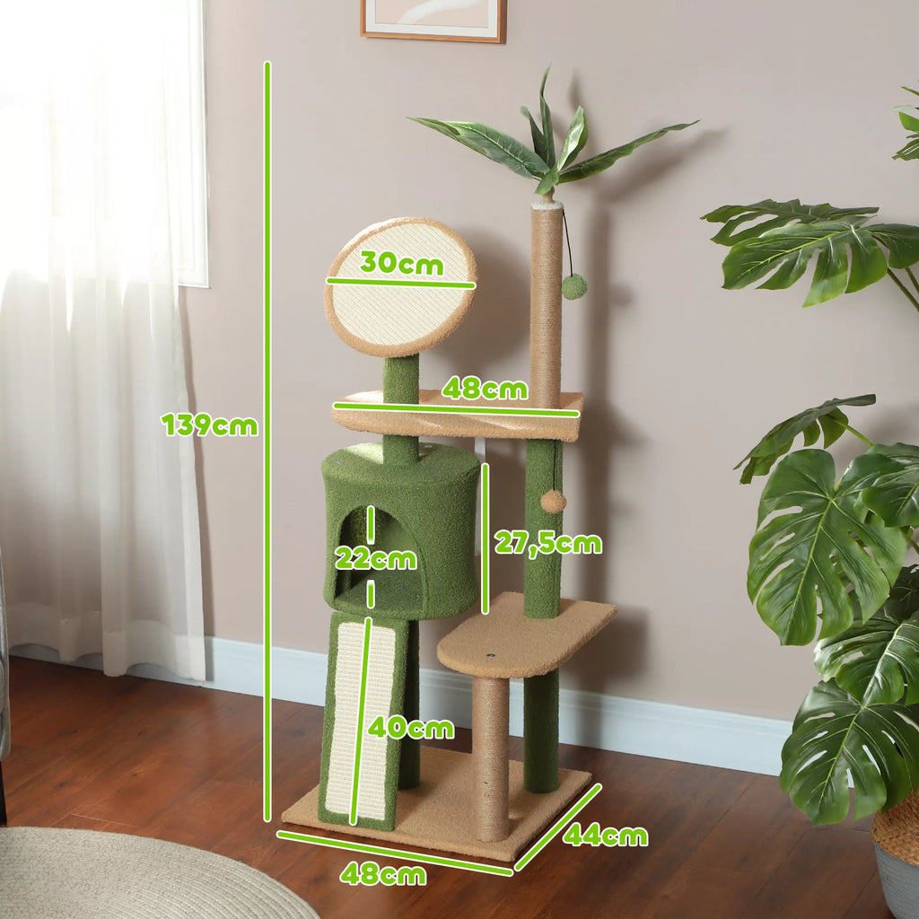 Aukšta kačių draskyklė-medis su nameliu ir platformomis, 139 cm (žalia)