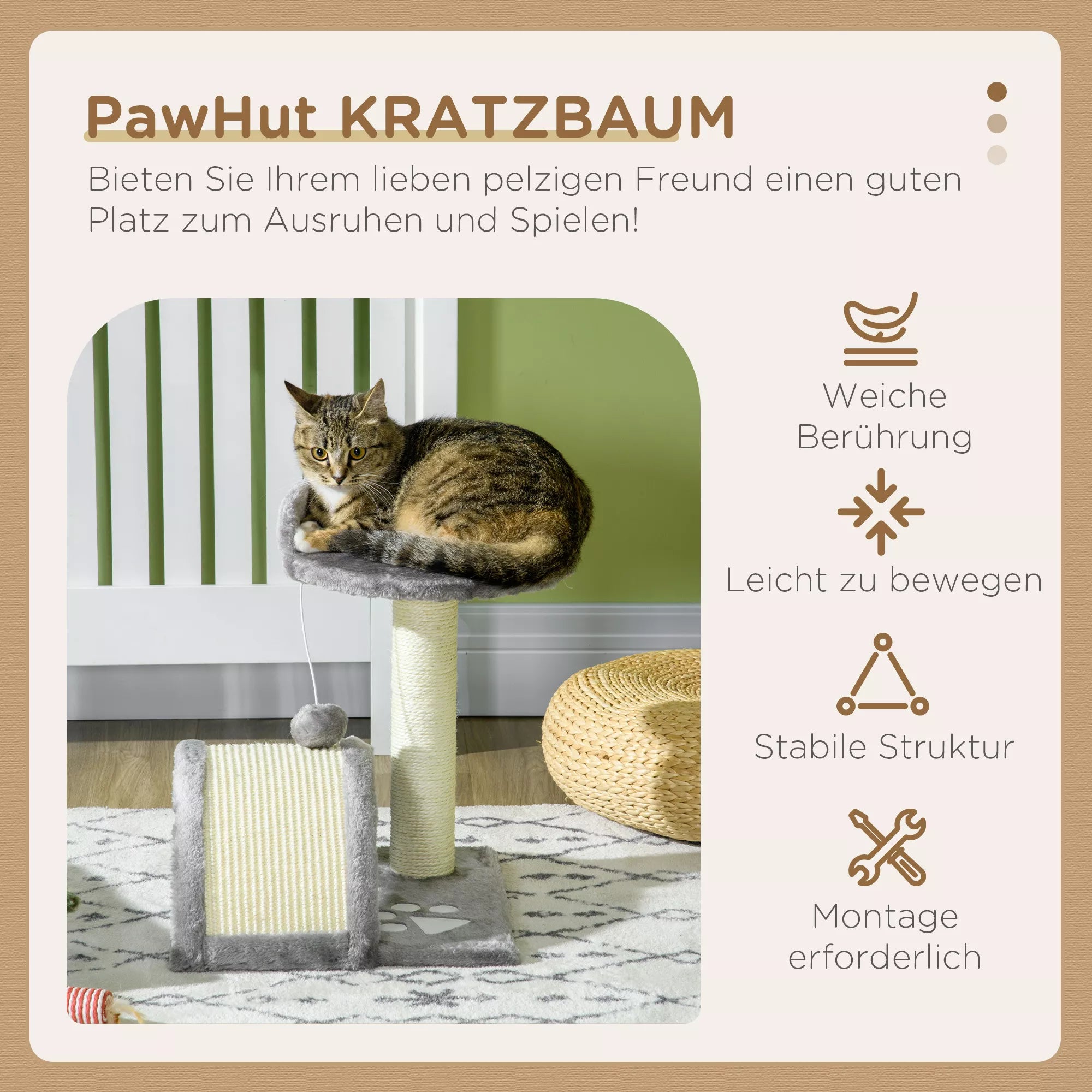 Katės namelis 46 cm Mažas kačių bokštelis su guoliu, žaidimo kamuoliuku, sizalio virve, paaukštinta platforma, katės draskyklė, laipiojimo medis, katėms iki 4 kg, Pilkas