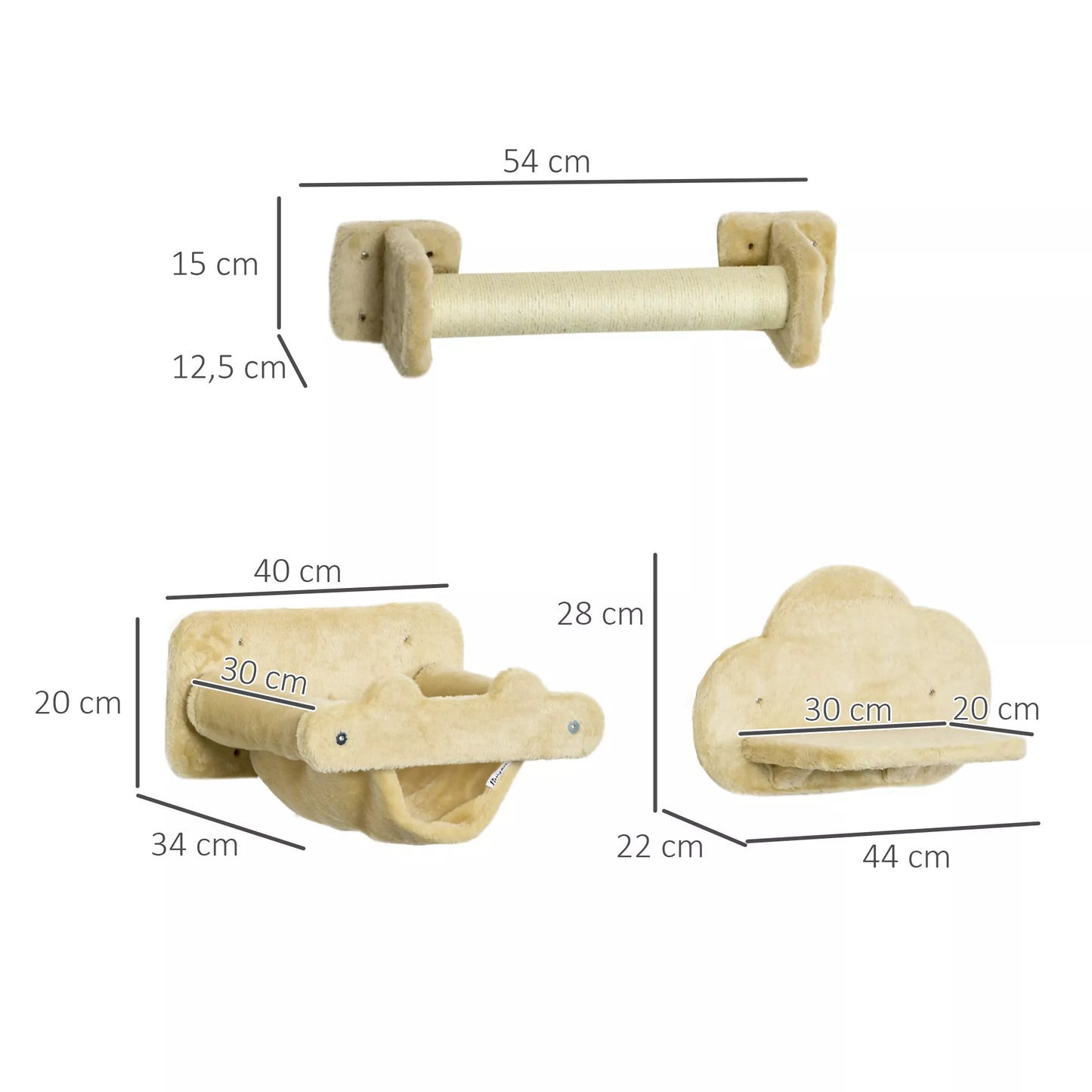 Kačių laipteliai, 5 dalių komplektas, 2 draskyklės, 2 plokštumos su pliušiniu apmušalu, hamakas, smėlio spalvos