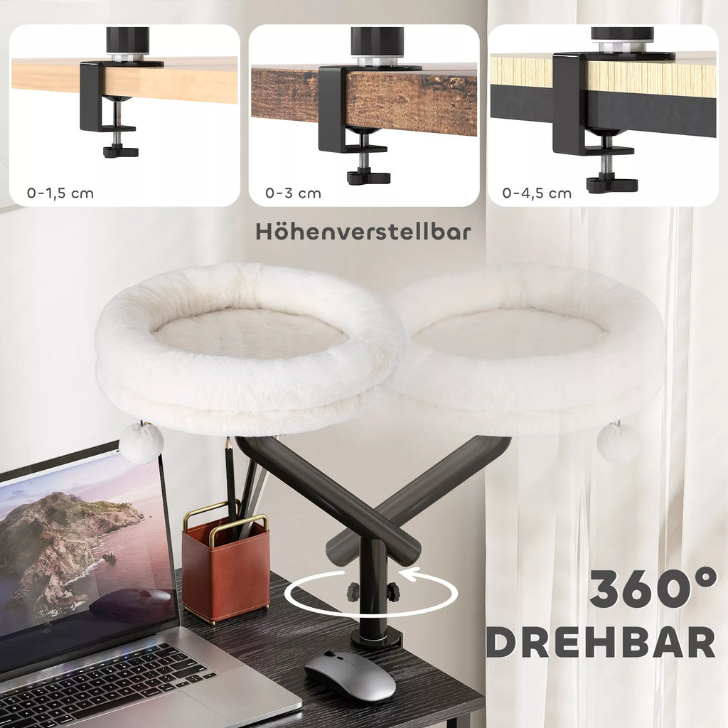 Kaķu gulta pie rakstāmgalda, kaķu gulta pie rakstāmgalda ar 360° rotāciju, regulējams augstums, kaķu gulta ar noņemamu, veļas mašīnā mazgājamu spilvenu, kaķiem līdz 6 kg, mājas birojam, krēmbalta