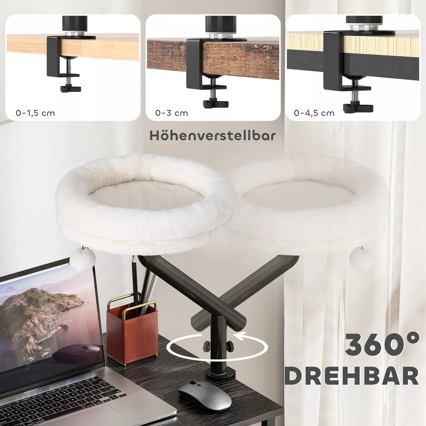 Kaķu gulta pie rakstāmgalda, kaķu gulta pie rakstāmgalda ar 360° rotāciju, regulējams augstums, kaķu gulta ar noņemamu, veļas mašīnā mazgājamu spilvenu, kaķiem līdz 6 kg, mājas birojam, krēmbalta