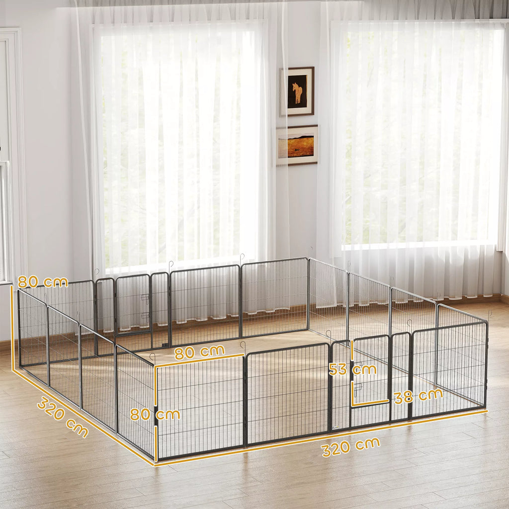 Šuniukų aptvaras, 16 dalių sulankstomas su durelėmis, metalas, 3,2x3,2x0,8 m, pilkas