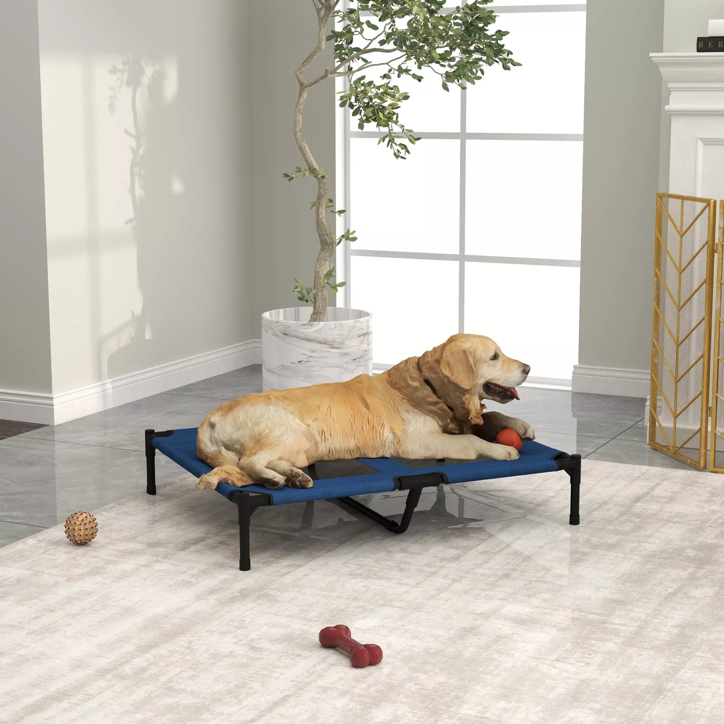 Lauko šunų ir kačių lova, augintinio gultas, metalinis, 600D Oxford audinys, mėlyna, 91,5 x 76,2 x 18 cm