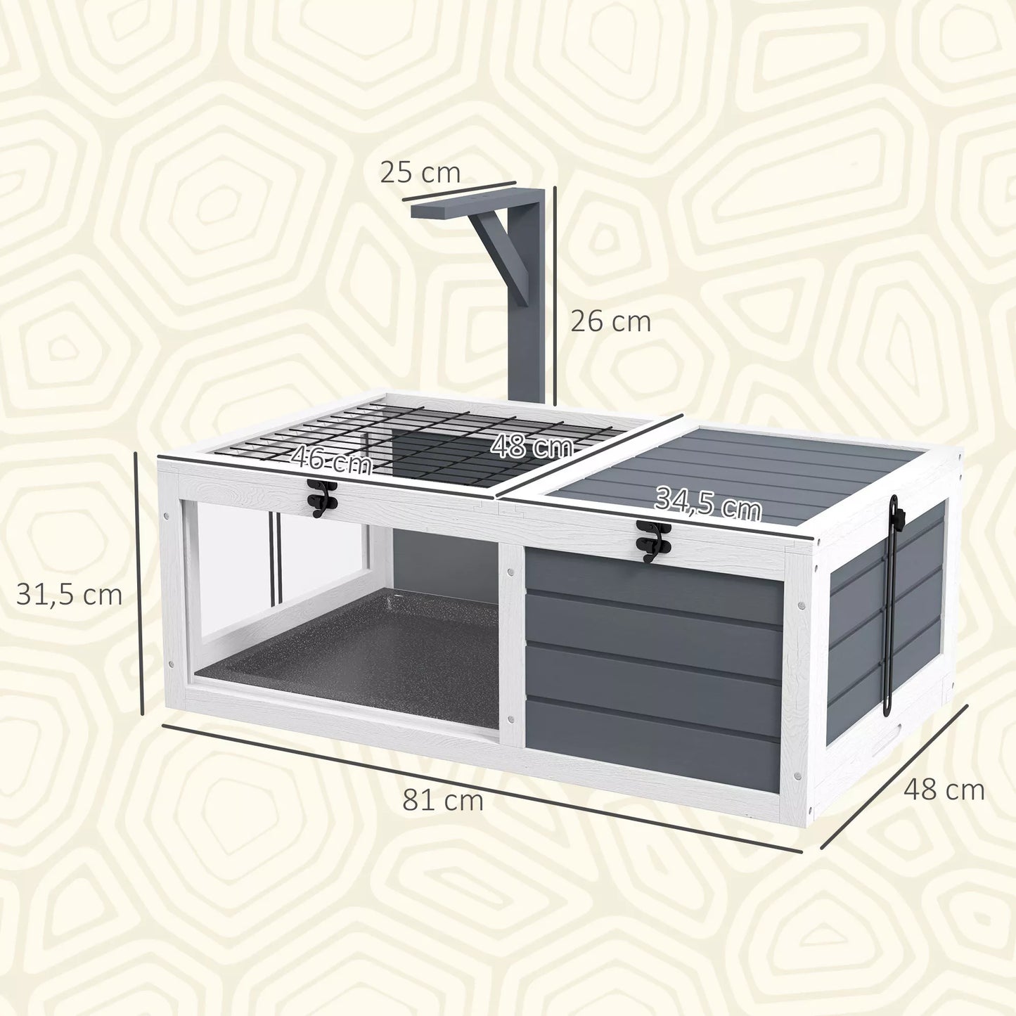 Vėžlių namelis, roplių dėžė su 2 kambariais, dangčiu, plastikiniais dubenėliais, langais, medžiu, pilka spalva
