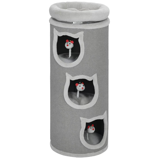 Katilinės draskyklė, 96 cm, 4 lygių katės bokštas su skalbiamu guoliu, 3 miegamosios olos, kabantys žaislai, daugeliui kačių, pilka