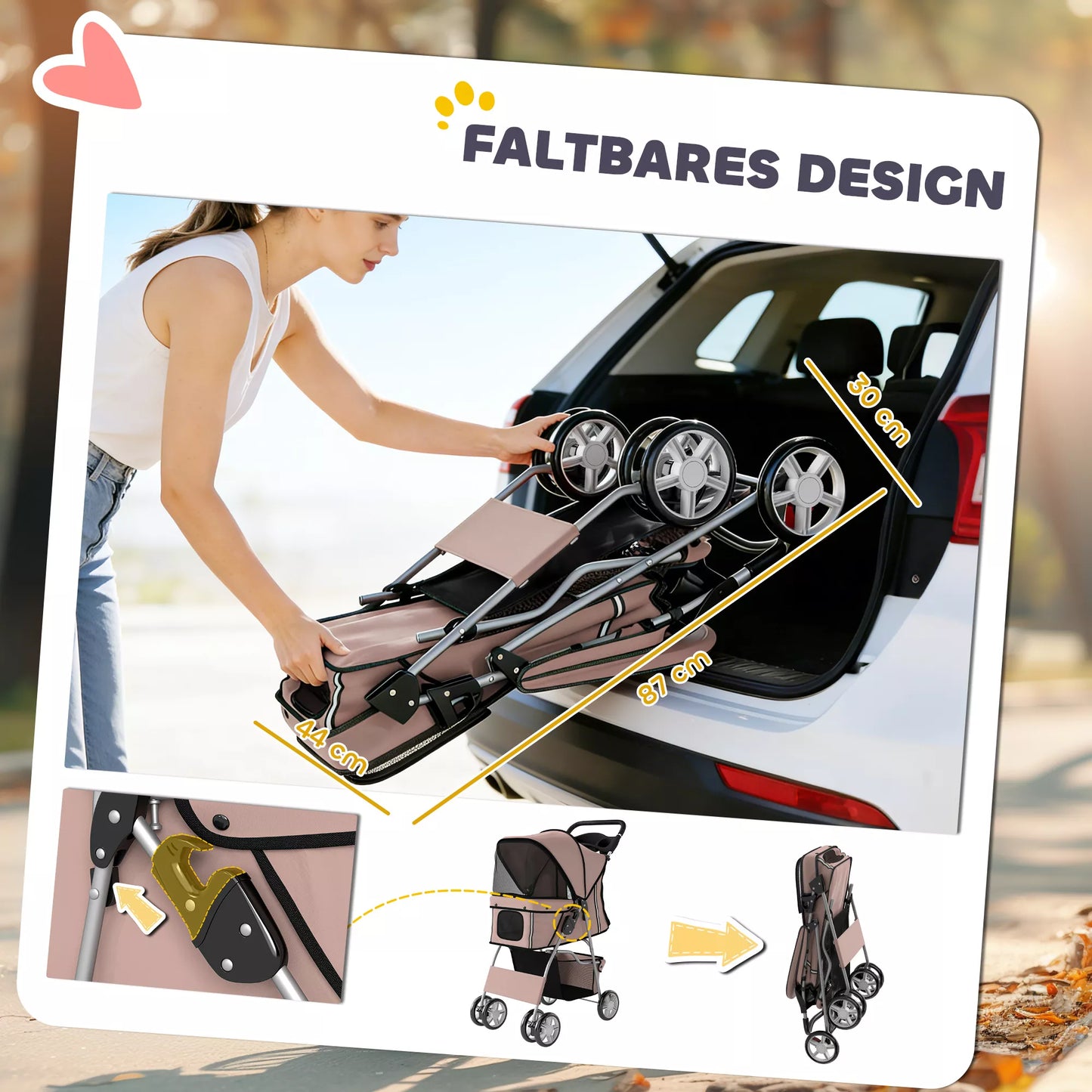 Šunų vežimėlis Sulankstomas šunų vežimėlis su atšvaito juostele Laikymo krepšys Pagalvėlė mažiesiems šunims iki 10 kg 77x44x102 cm Kavos spalvos