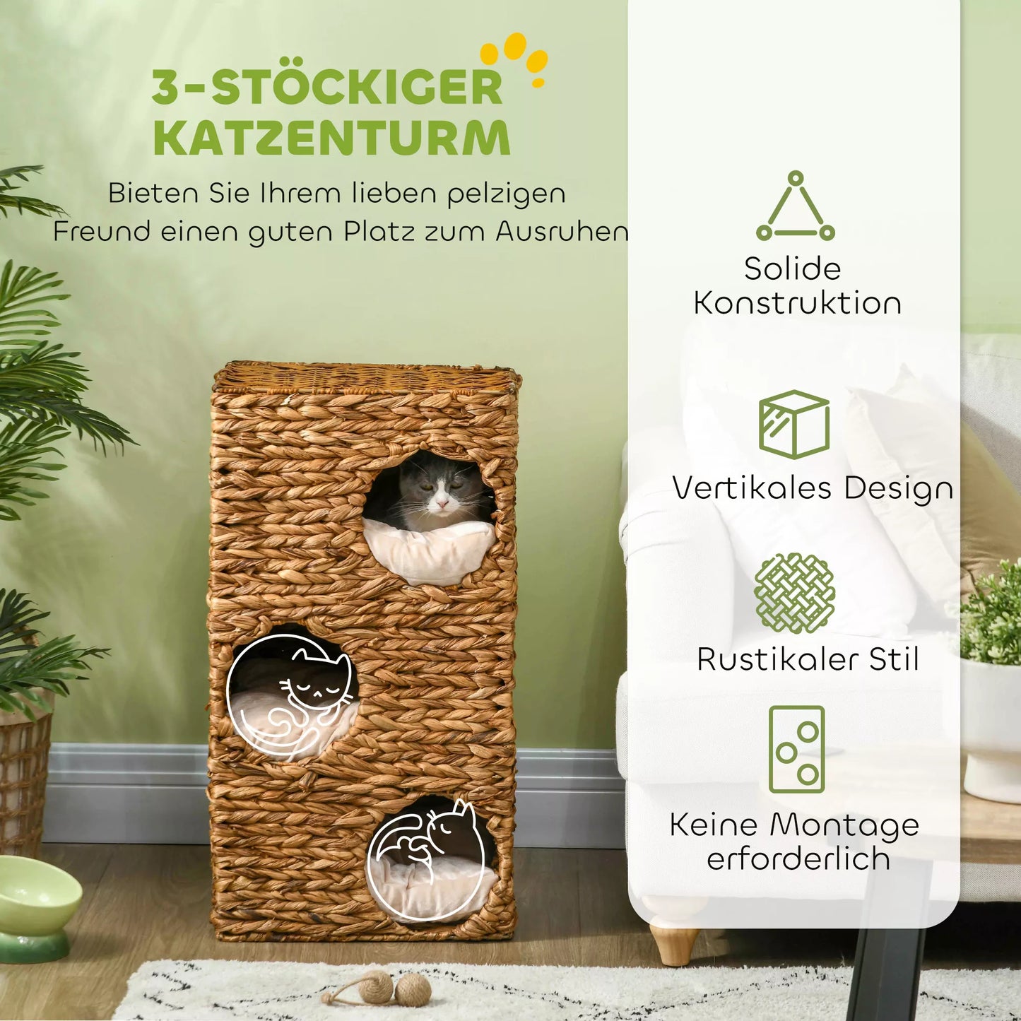 Kaķu māja ar skrāpējamo stabu, 3 līmeņi, mīksti spilveni, durvis, ūdens hiacinte, gaiši brūna