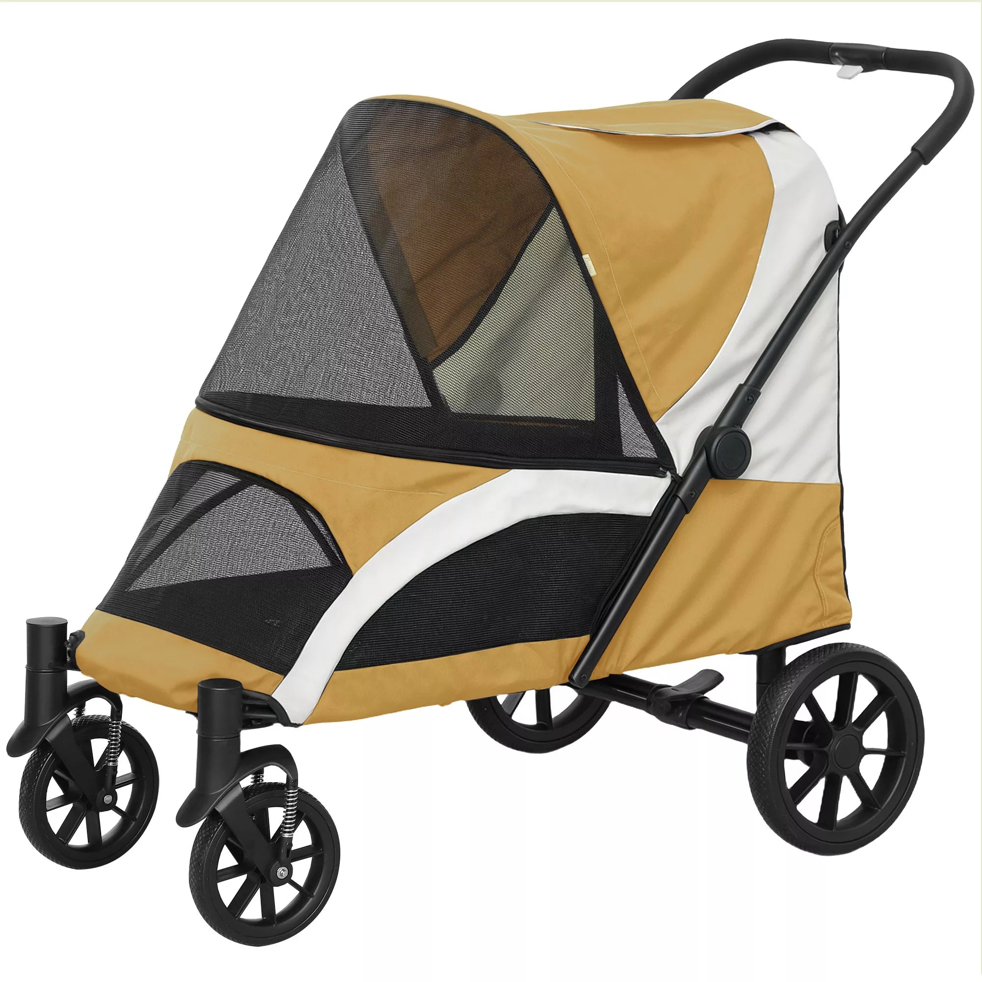 Šunų vežimėlis, sulankstomas šunų vežimėlis dideliems šunims, keturratis naminių gyvūnų vežimėlis, saugos dirželiai, stabdžiai, rudos spalvos