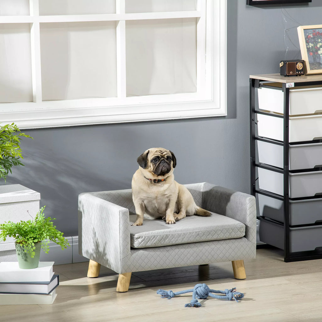 Šunų sofa su medinėmis kojelėmis, šunų lova, naminių gyvūnėlių sofa, šunų kilimėlis mažam šuniui iki 8 kg, aksominio lietimo, pilka, 64 x 45 x 36 cm