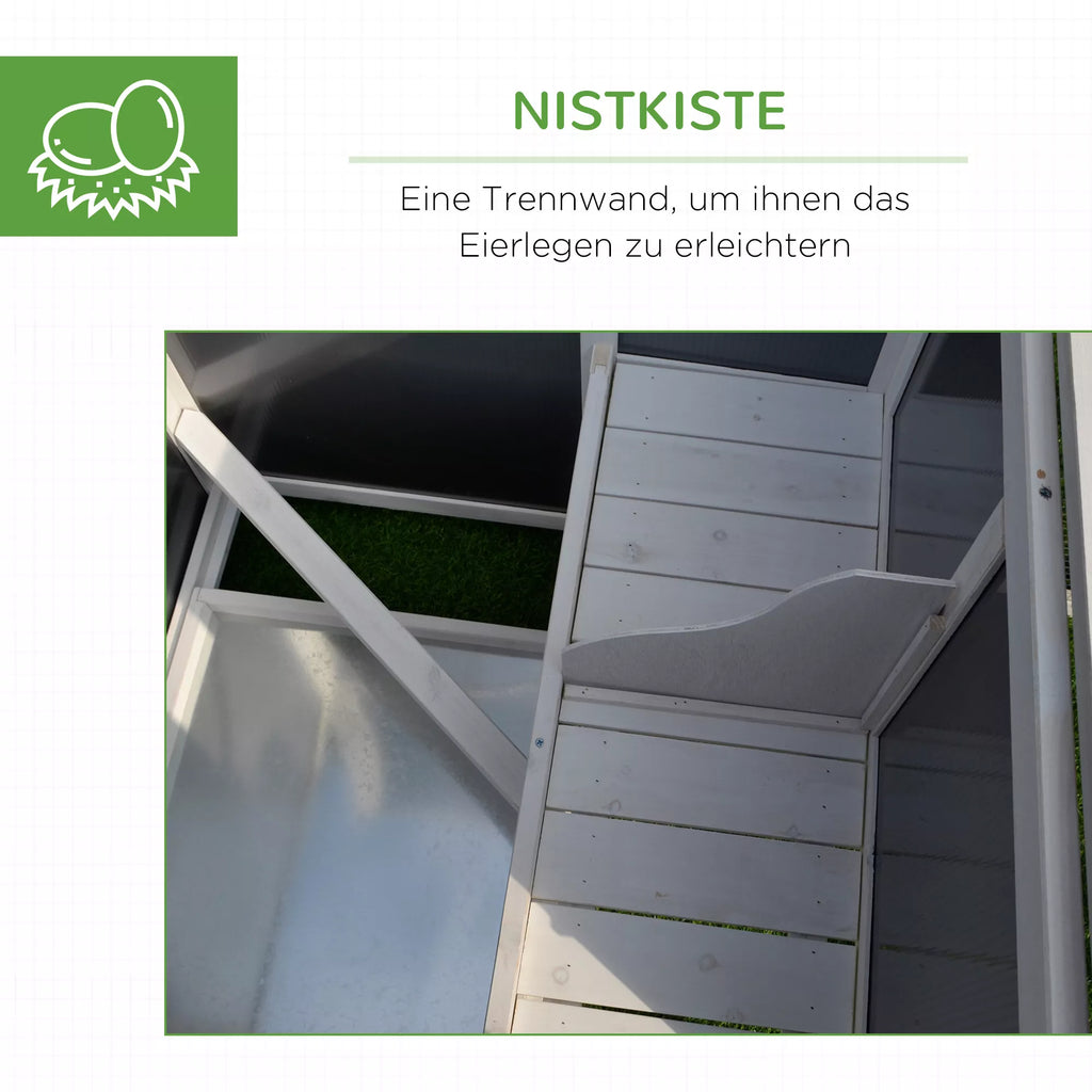 Vistu kūts, piemērota 1-2 vistām, ar ligzdu, olu kaste ar 2 nodalījumiem, priede, pelēka+balta, 160 x 75 x 80 cm