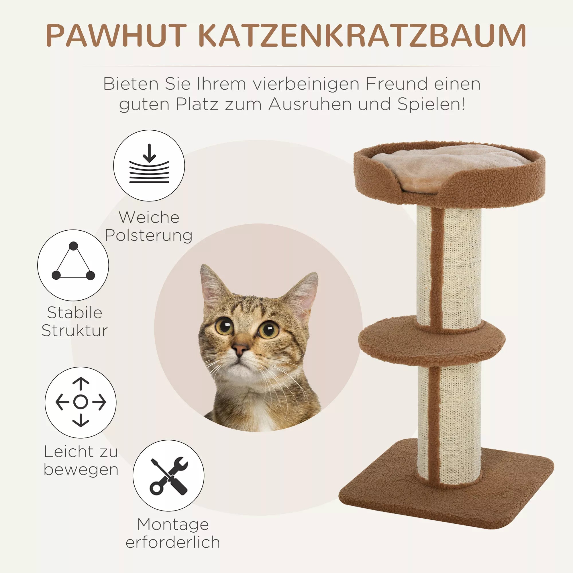 91 cm kaķu māja ar sizala stabiem, platformu, spilveniem, daudzlīmeņu kaķu torni, kāpšanas māja, vidēja lieluma kaķiem, gaiši brūna