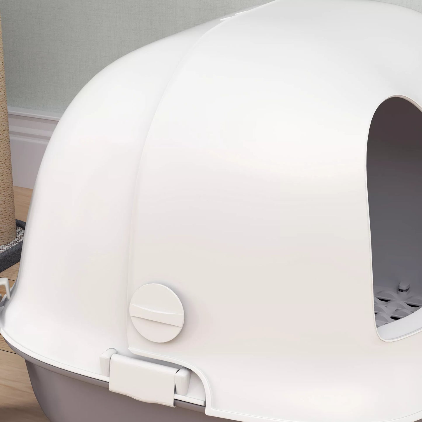 Katės tualetas su dangčiu ir vidiniu lataku, durelėmis, kastuvėliu, lengvai valomas, plastikas, šviesiai pilkas