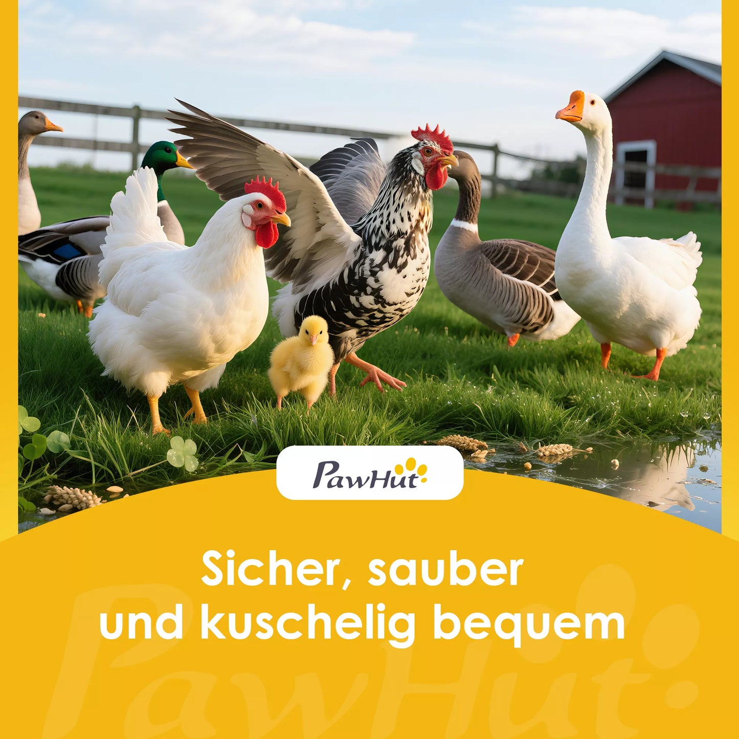 Vištidė iš medžio su laisvu išėjimu, saugumo spyna, durimis, 4 lizdiniais dėžutėmis, skirta 8–12 vištoms, maždaug 2,8 x 1,8 x 1,9 m, geltona