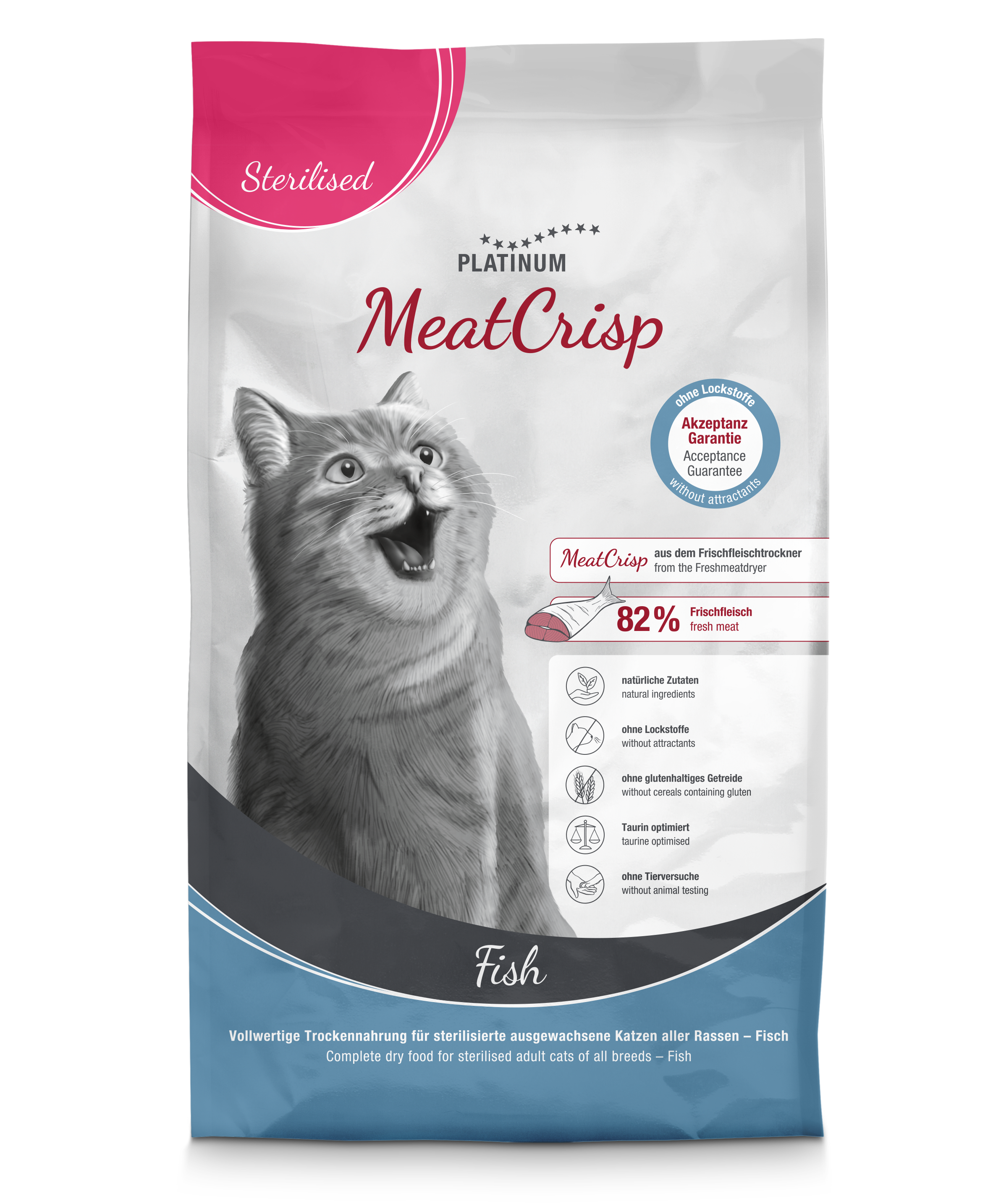 Platinum MeatCrisp sausas pašaras sterilizuotoms katėms su žuvimi