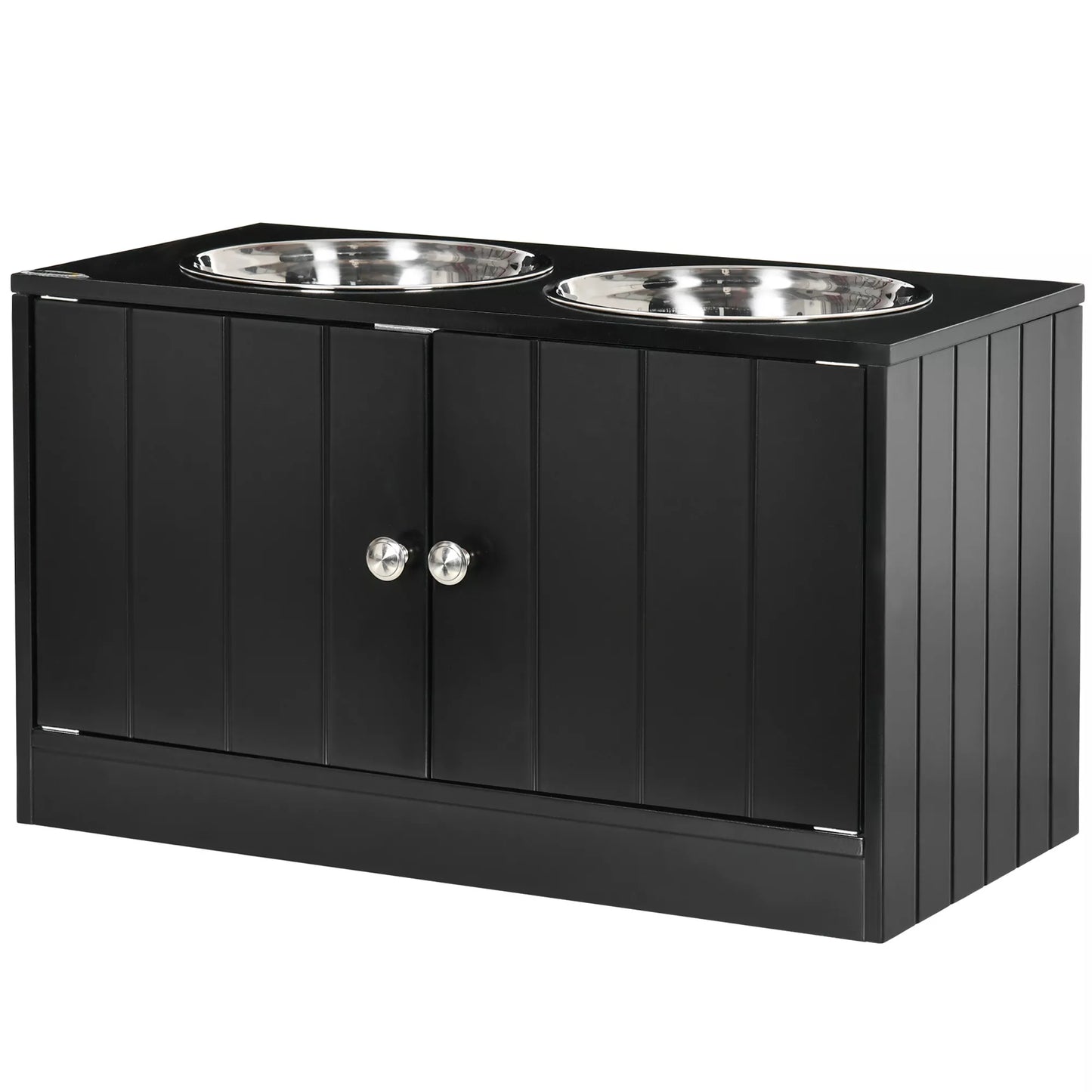 Paaukštinta šėrimo stotis su 2 nerūdijančio plieno dubenėliais ir 44 L talpos daiktadėže, magnetinėmis durelėmis, dideliems šunims, juoda