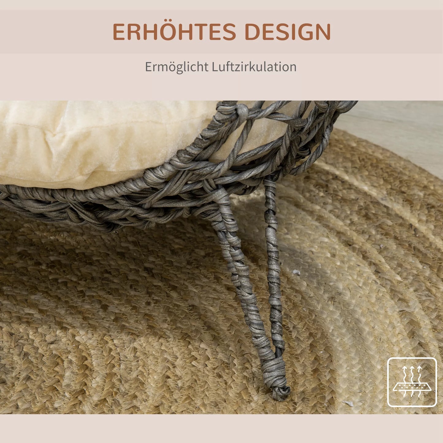 Katės namelis iš rotango su pagalvėle, katės miego vieta, katės guolis su paaukštintomis kojelėmis, sidabriškai pilkas, Ø52 x 58 cm