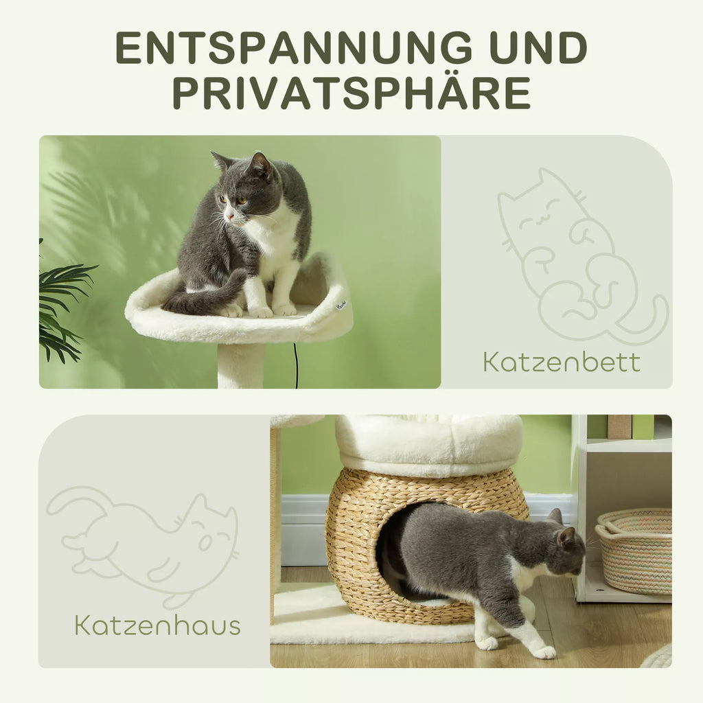 Draskyklė katėms su nameliu, guoliu, žaidimų kamuoliuku ir platforma, 79 cm, kreminė balta