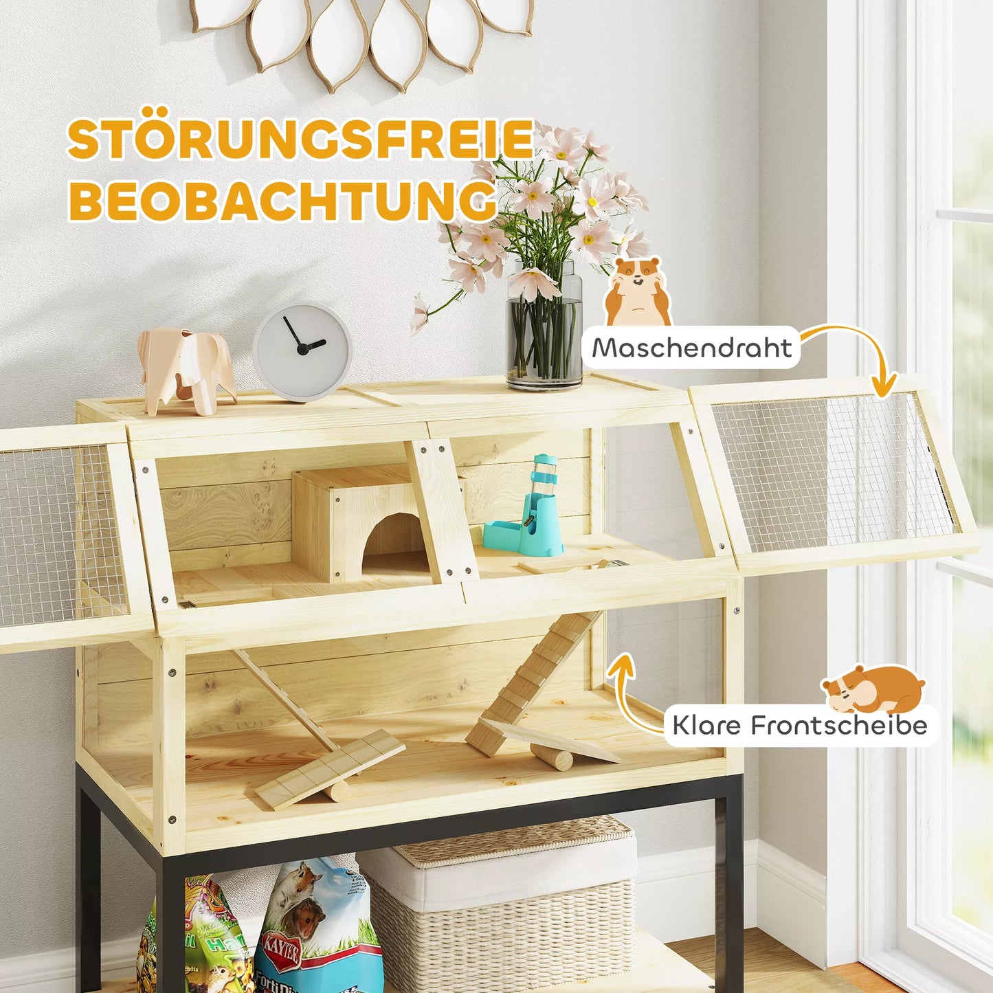 Medinis narvelis nykštukiniams žiurkėnams su laikymo skyriumi, ratukais, rampomis, vandens buteliuku, nameliu, sūpynėlėmis, 87 x 43 x 101cm