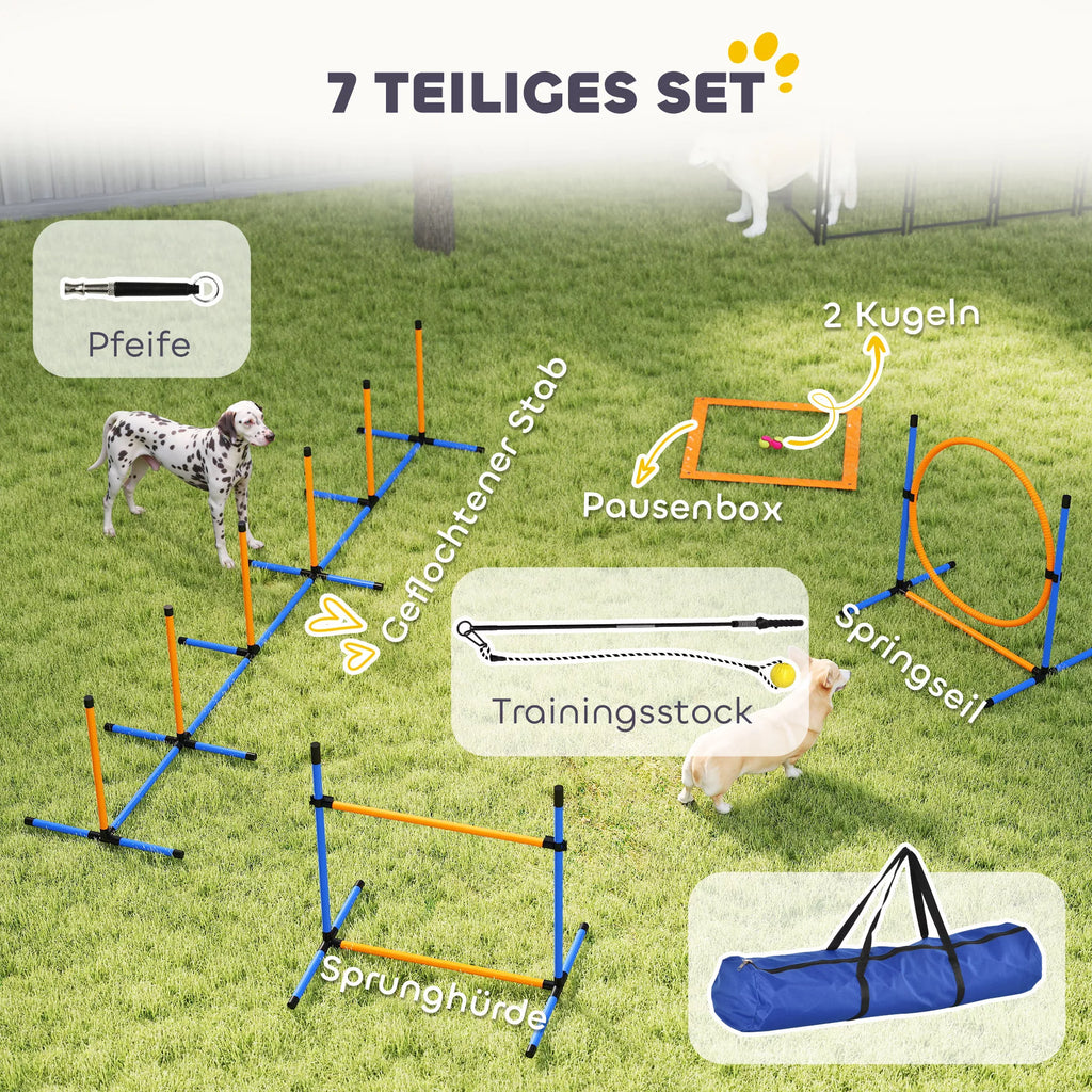 Agility rinkinys šunims, 7 dalys. Agility įranga šunų dresūrai. Sudedamų kliūčių rinkinys žaidimams ir treniruotėms.