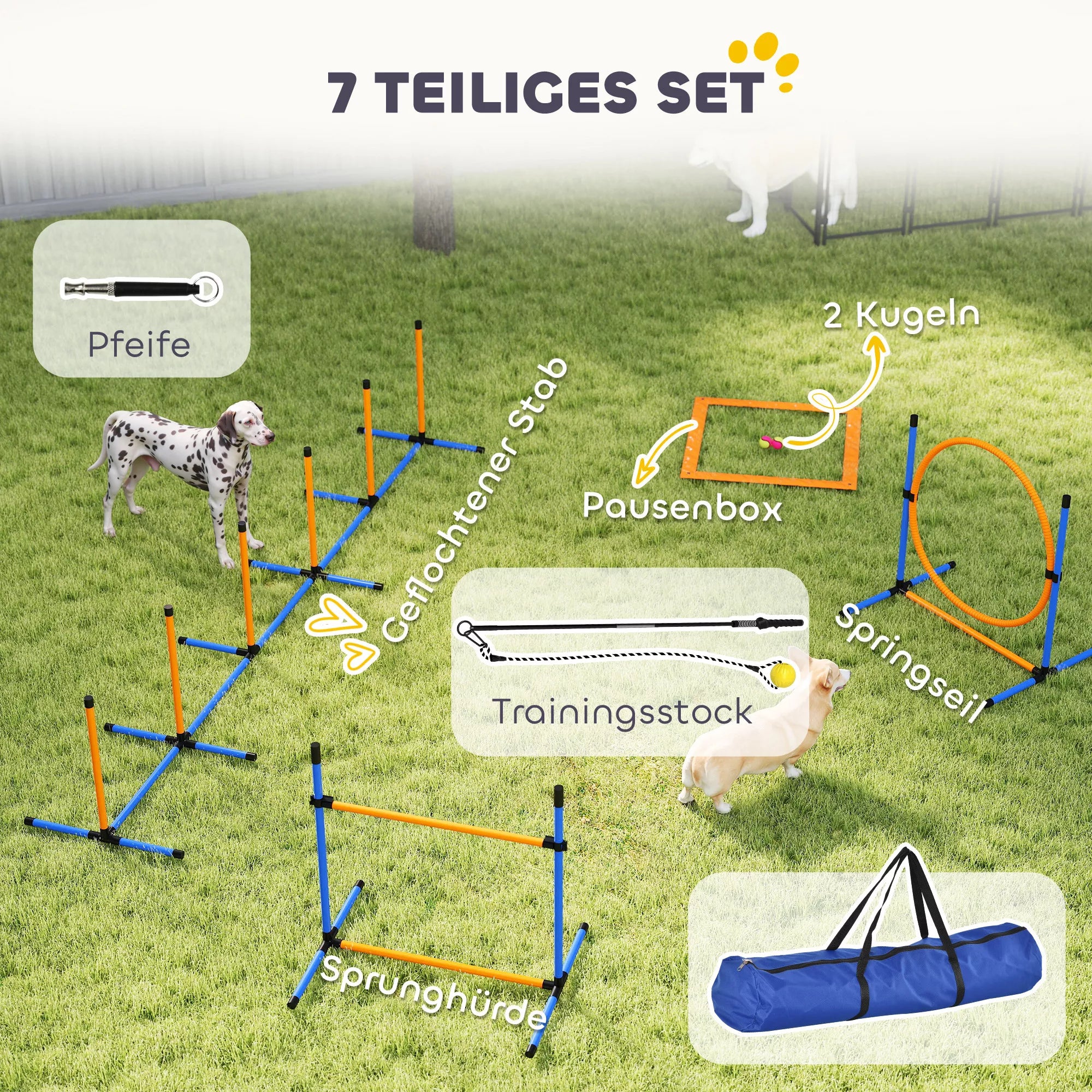 Agility rinkinys šunims, 7 dalys. Agility įranga šunų dresūrai. Sudedamų kliūčių rinkinys žaidimams ir treniruotėms.