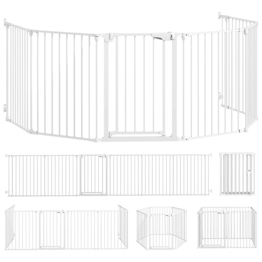 Naminių gyvūnėlių tvora, 6 panelių barjeras su durelėmis, sulankstomas, mažiem ir vidutinio dydžio šunims, plastikas, anglinis plienas, baltas