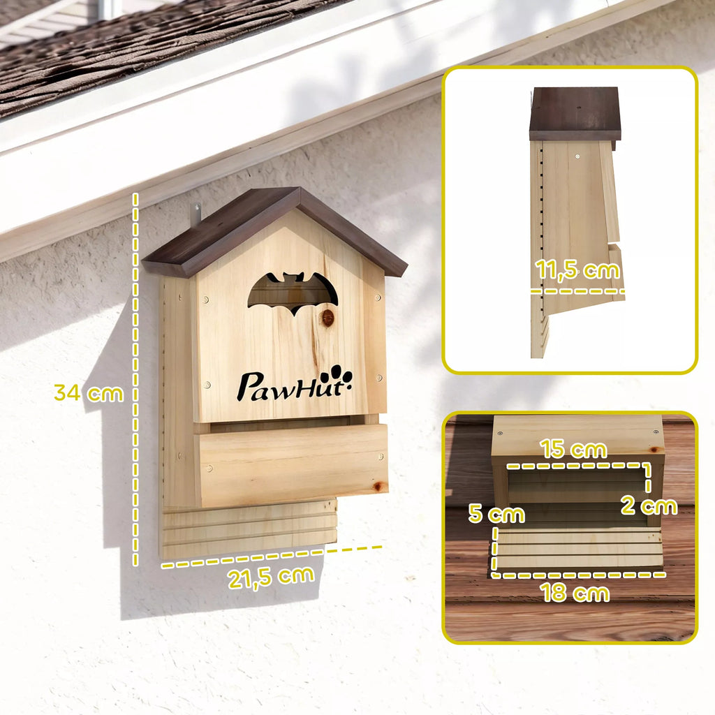 3 vnt. rąstinių medinių namelių šikšnosparniams rinkinys Šikšnosparnių namelis, skirtas pakabinti sode, 21,5 x 11,5 x 34 cm