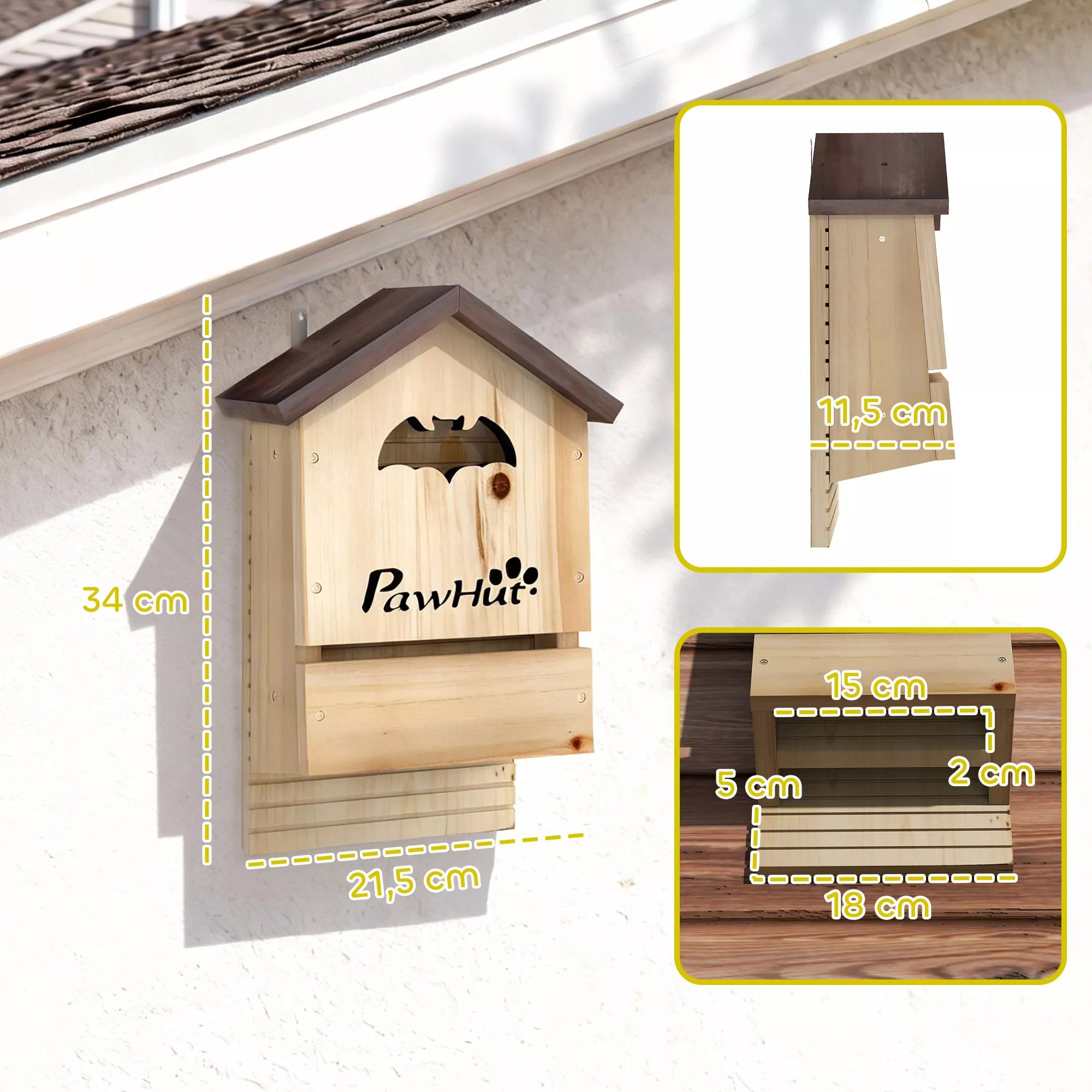 3 vnt. rąstinių medinių namelių šikšnosparniams rinkinys Šikšnosparnių namelis, skirtas pakabinti sode, 21,5 x 11,5 x 34 cm