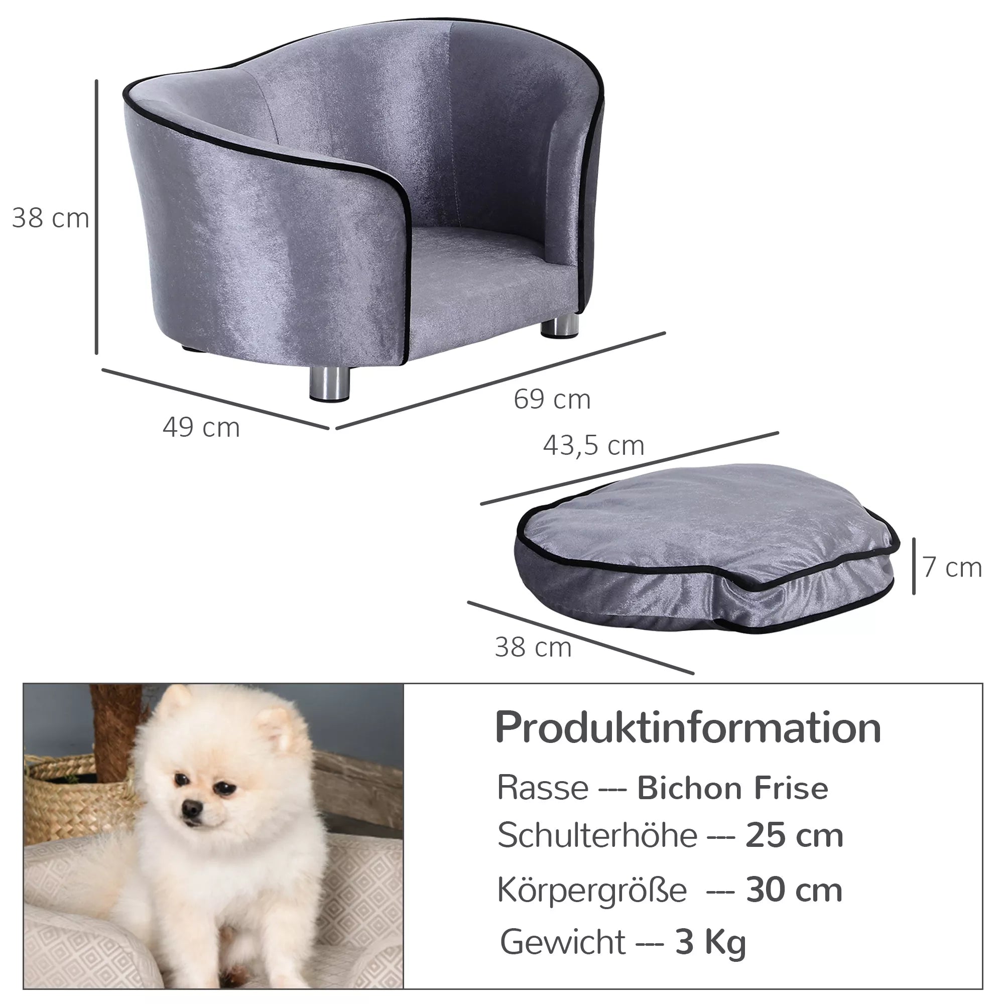 Šunų sofa, šunų lovelė, skalbiama sėdimoji pagalvėlė, pliušinis užvalkalas, natūralaus medžio rėmas, šviesiai pilka, 69 x 49 x 38cm