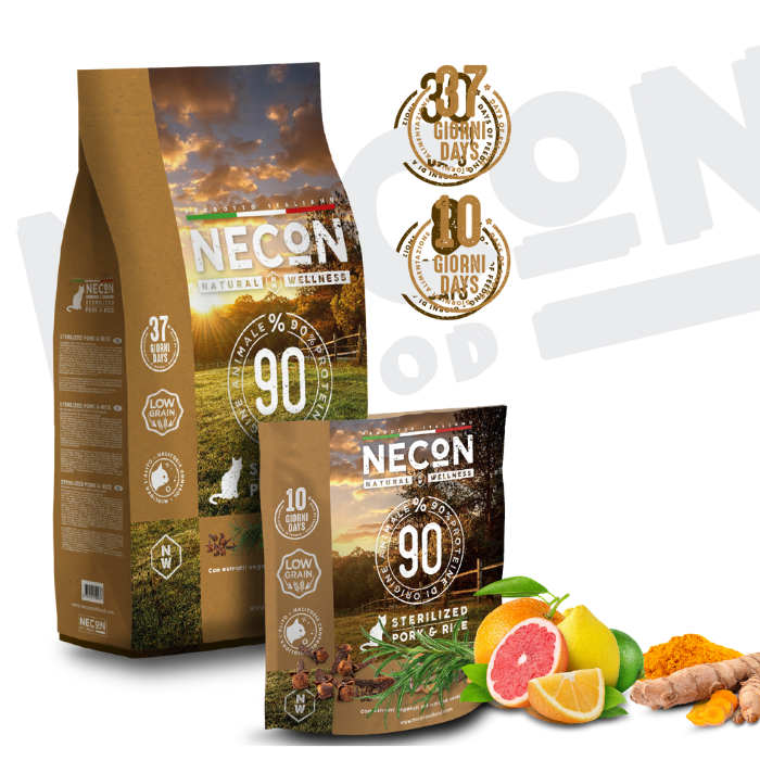 Necon Natural Wellness Sterilised sausas pašaras sterilizuotoms katėms su kiauliena ir ryžiais turtinga sudėtis
