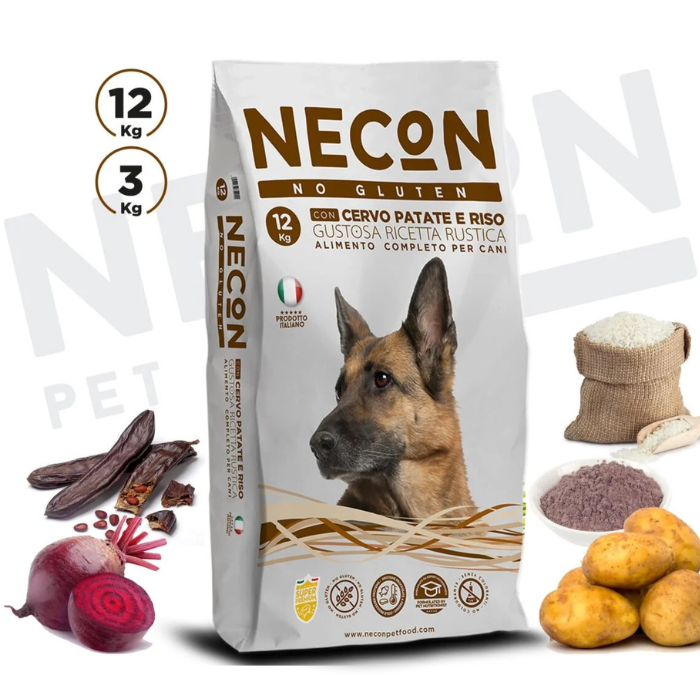 Necon No Gluten Dog Testy With deer sausas pašaras šunims be gliuteno su elniena, bulvėmis ir ryžiais