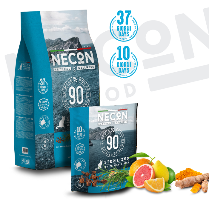 Necon Natural Wellness Cat Steril sausas pašaras suaugusioms katėms su balta žuvimi ir ryžiais puiki sudėtis