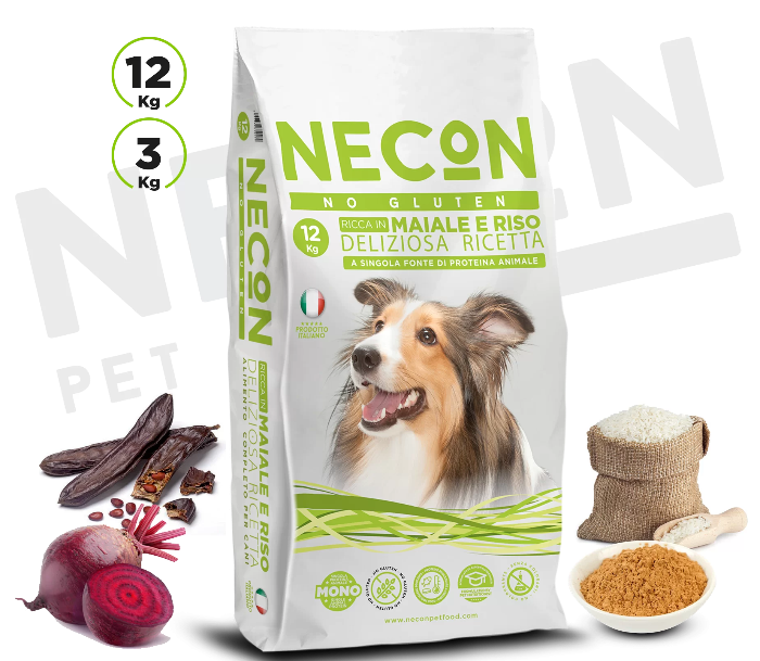 Necon No Gluten Rich in Pork Dog sausas pašaras šunims be gliuteno su kiauliena puiki sudėtis