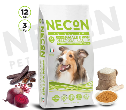 Necon No Gluten Rich in Pork Dog sausas pašaras šunims be gliuteno su kiauliena puiki sudėtis