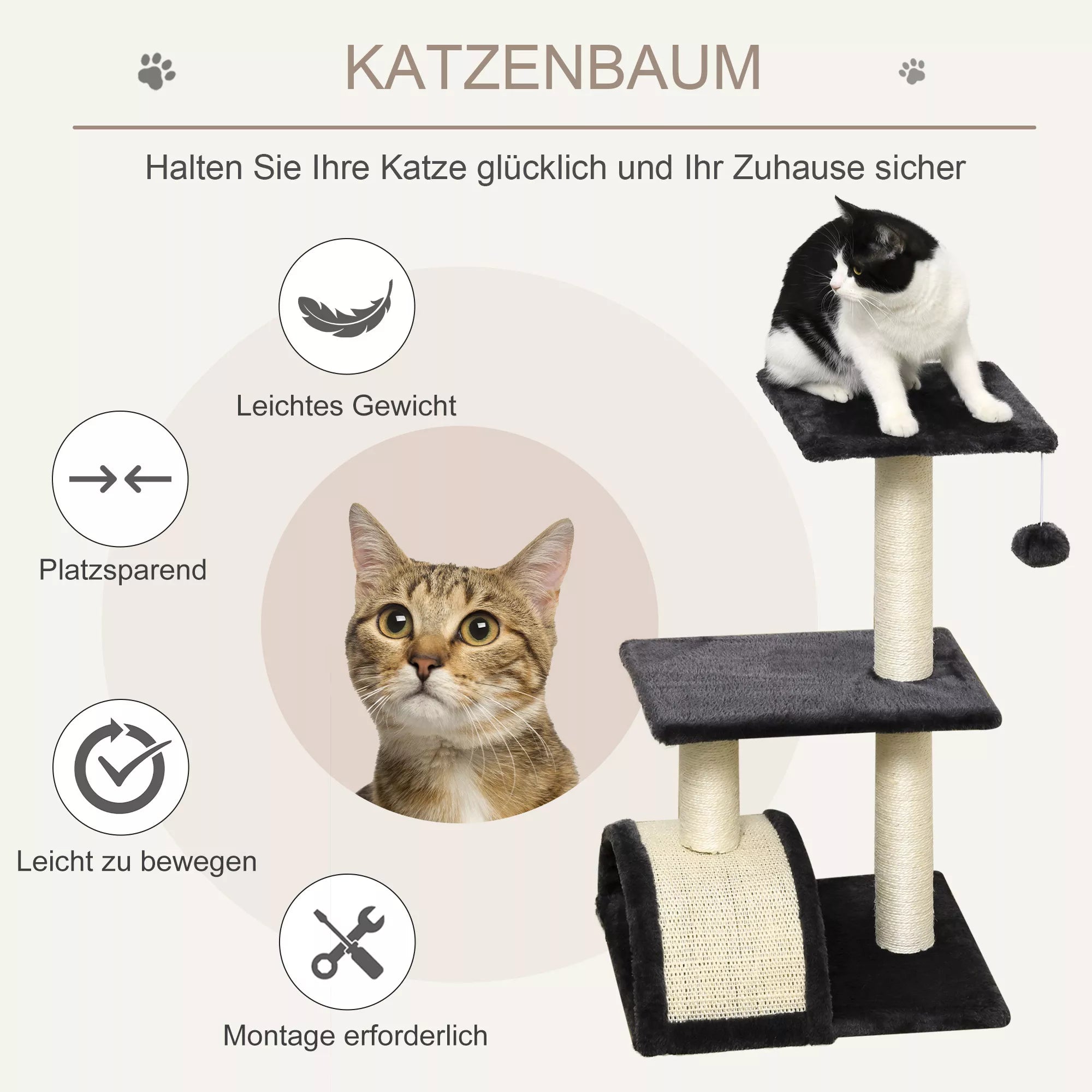 Kačių draskyklė 72 cm Kačių bokštas su pliušiniais kamuoliukais, sizaliniai stiebai, platforma, draskyklė, daugiaaukštė kačių draskyklė, laipiojimo medis, vidutinio dydžio katėms, pilka