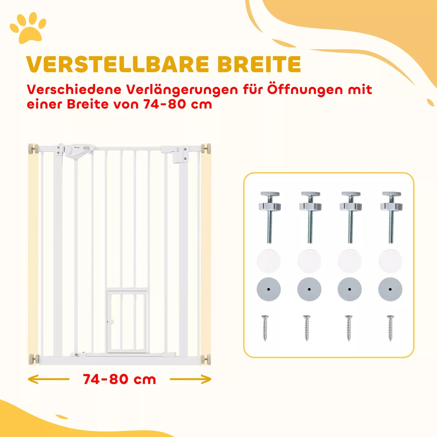 Apsauginiai varteliai su kačių durelėmis, montuojami be gręžimo, reguliuojamo pločio 74-80 cm, atidaromi viena ranka, metaliniai, balti