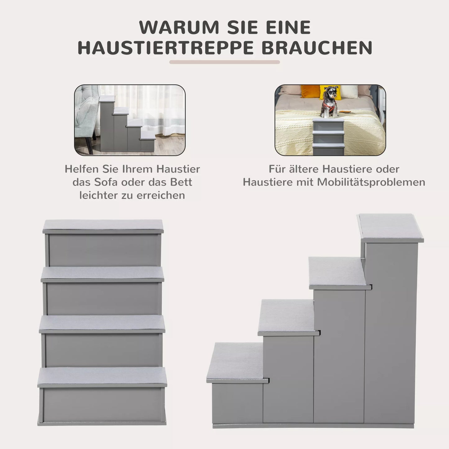 Laipteliai augintiniams, šunims/katėms, 4 laiptelių, trumpo pliušo, iki 30 kg, 40 x 59 x 54,2 cm, Pilka