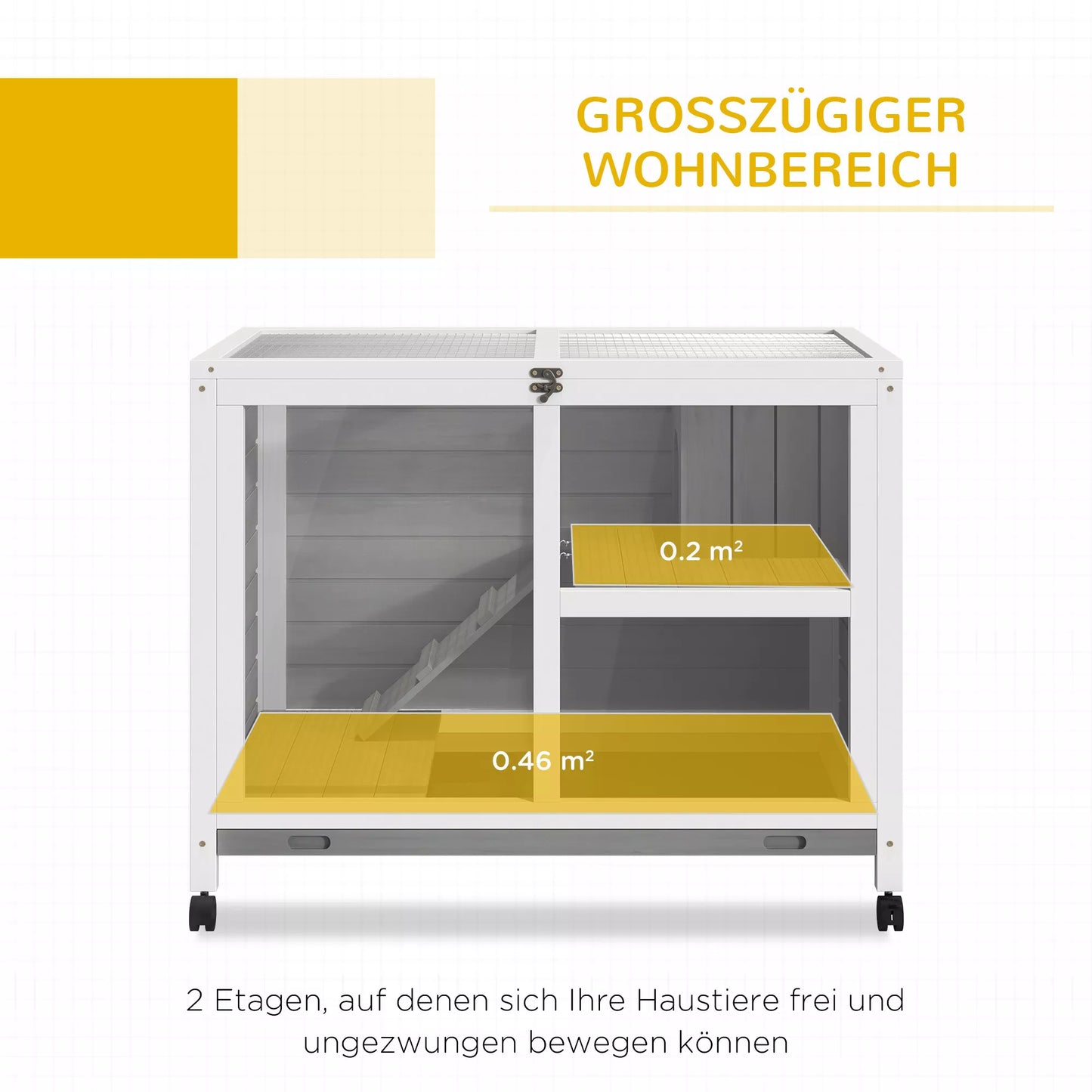 Mažų gyvūnų narvas su 2 lygiais, 4 ratukais, užsandarintas pušies medžio, pilkos spalvos