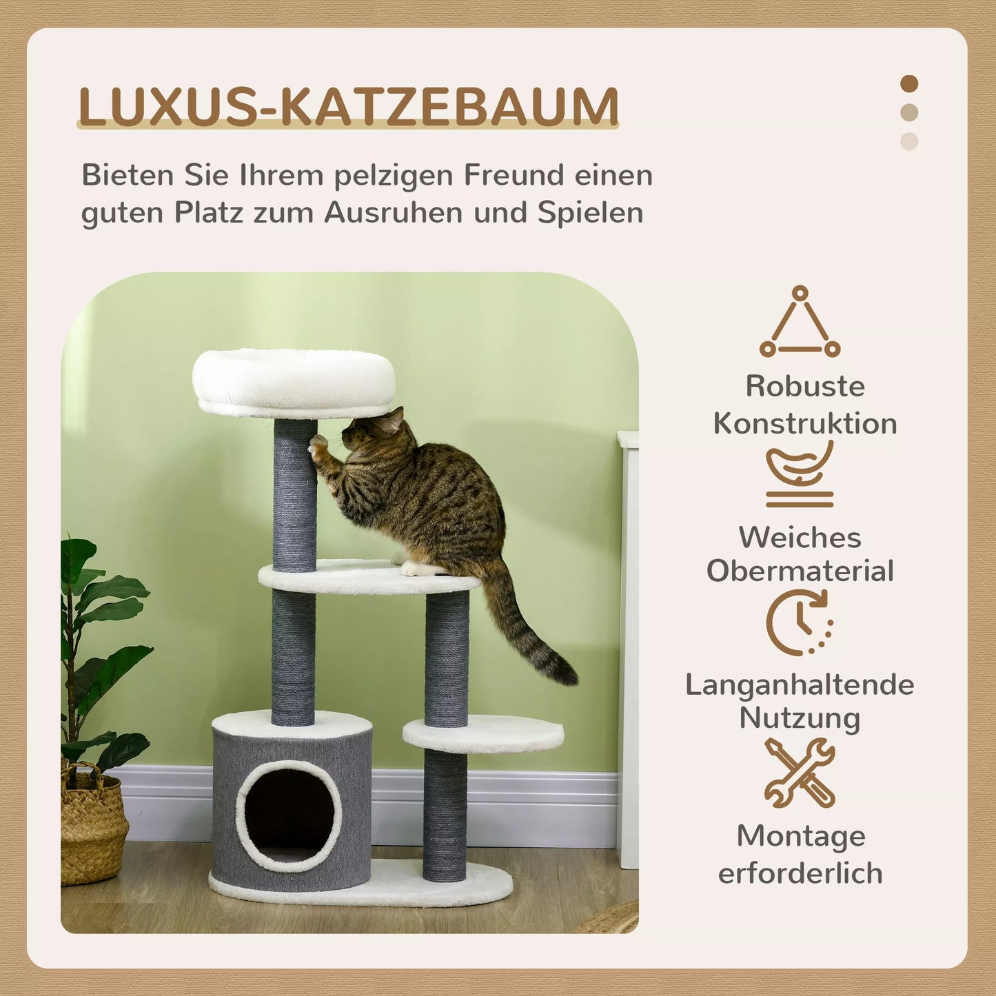 PawHut kačių medis su 1 katės guoliu, 1 kačių lovyte, 2 platformomis, stulpeliais su jutės virve, balta + pilka PawHut