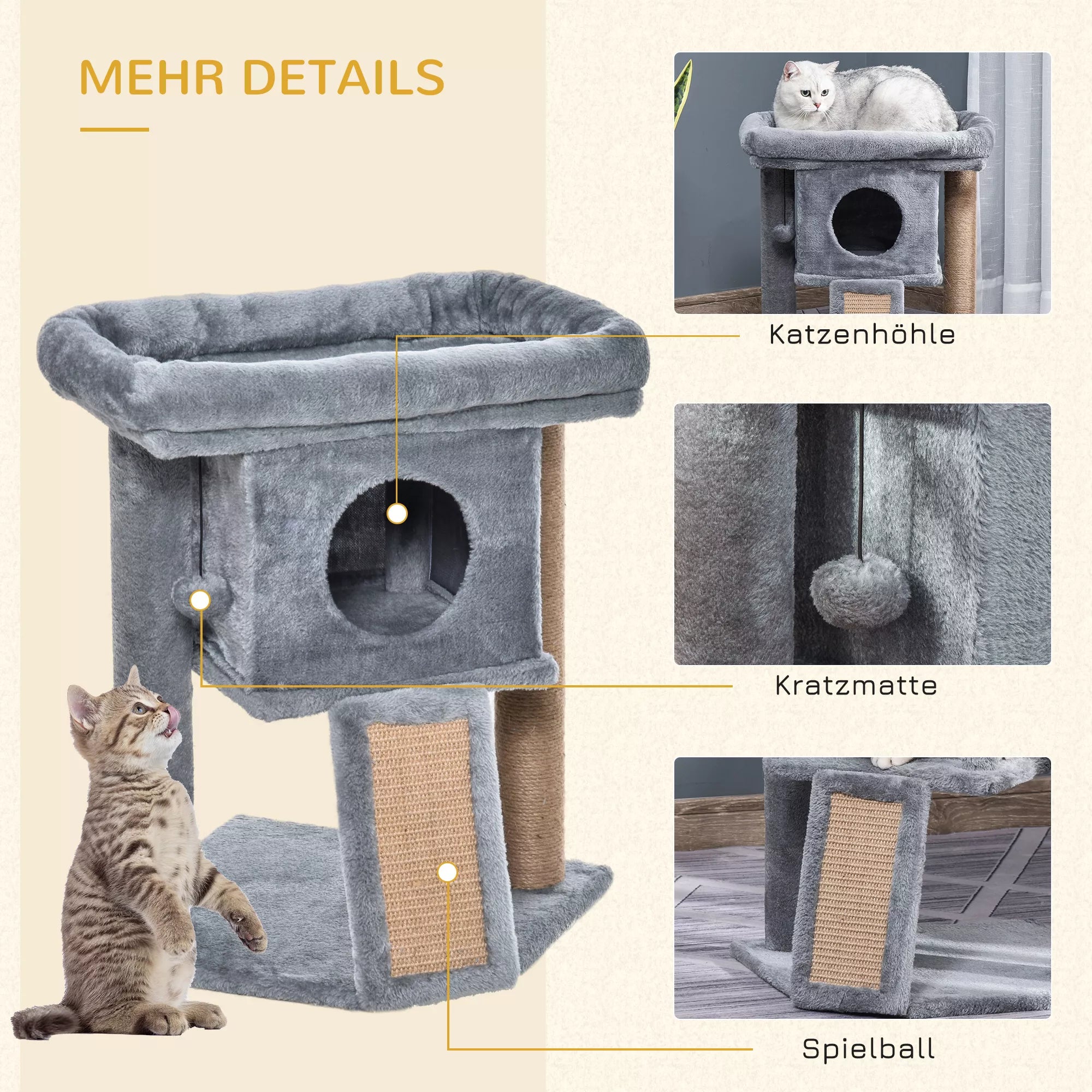 Kaķu māja 57 cm. Maza kaķu māja ar kaķu gultu, guļamplatformu, kaķu nagu skrāpēšanas stabu ar nagu dēli, rotaļu bumbu, mēbeli kaķiem līdz 5 kg. Gaiši pelēka.