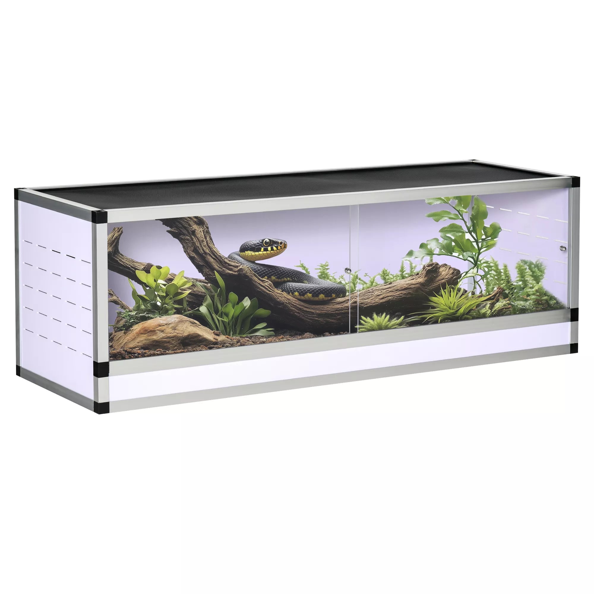 Aliuminio terariumas ropliams, varliagyviams, vorams. Roplių veisimo dėžutė. Tinklelinis terariumas. Baltas+Sidabrinis+Juodas. 120 x 40 x 40 cm