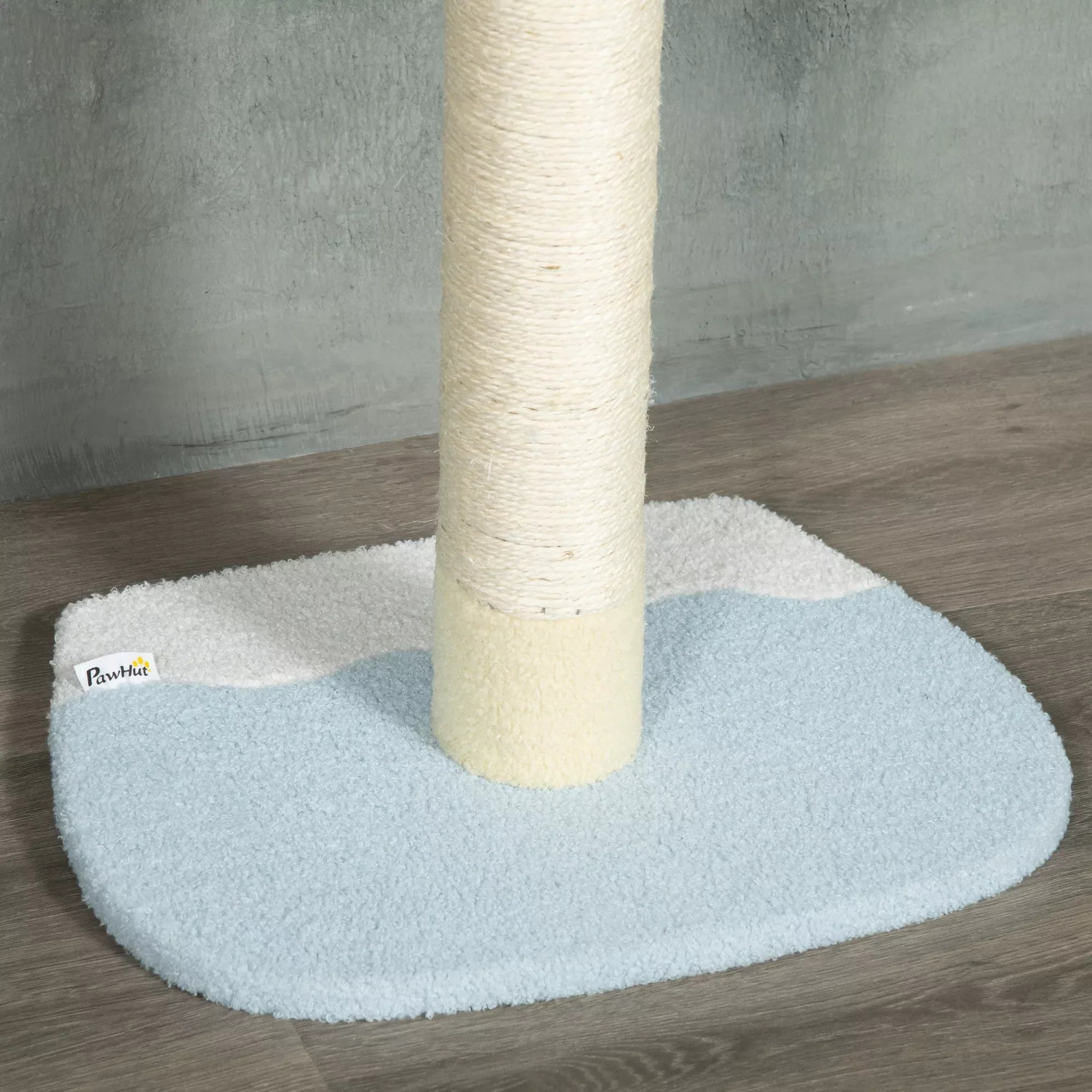 Kaķu mājiņa ar regulējamu augstumu, neslīdoša, ar sizala virvēm pārklātiem stabiem, augstums 220–260 cm, platums 47 cm, dziļums 34 cm, dzeltena/balta/zila