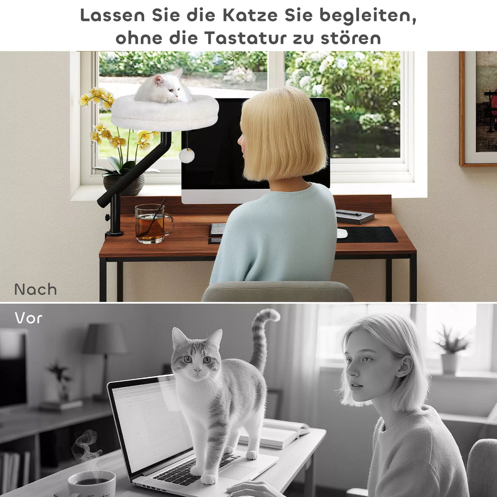 Kaķu gulta pie rakstāmgalda, kaķu gulta pie rakstāmgalda ar 360° rotāciju, regulējams augstums, kaķu gulta ar noņemamu, veļas mašīnā mazgājamu spilvenu, kaķiem līdz 6 kg, mājas birojam, krēmbalta