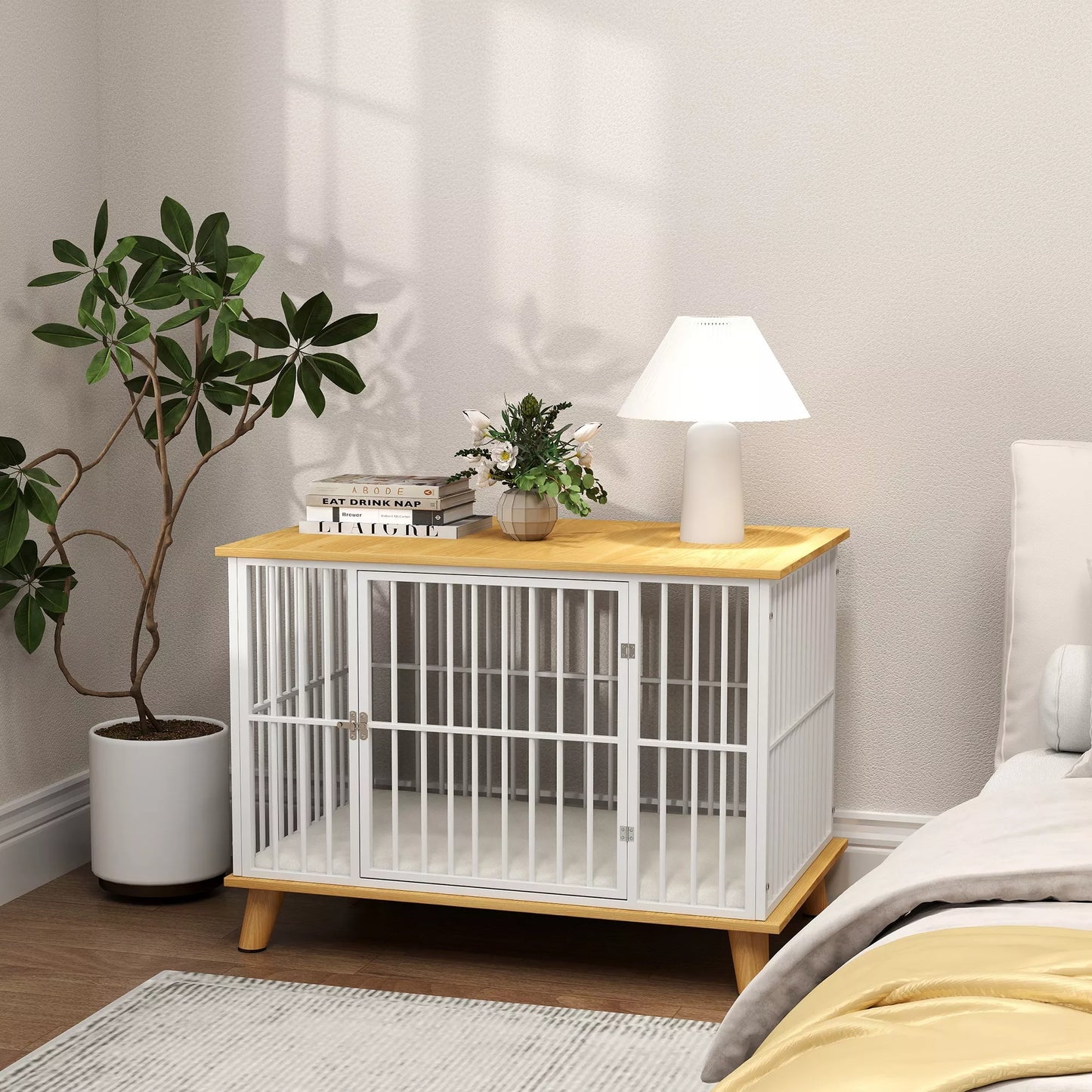 Šunų narvas su užrakinamomis durimis, nuimama pagalvėlė, gera ventiliacija, plienas, 86x60x70 cm, balta+pilka